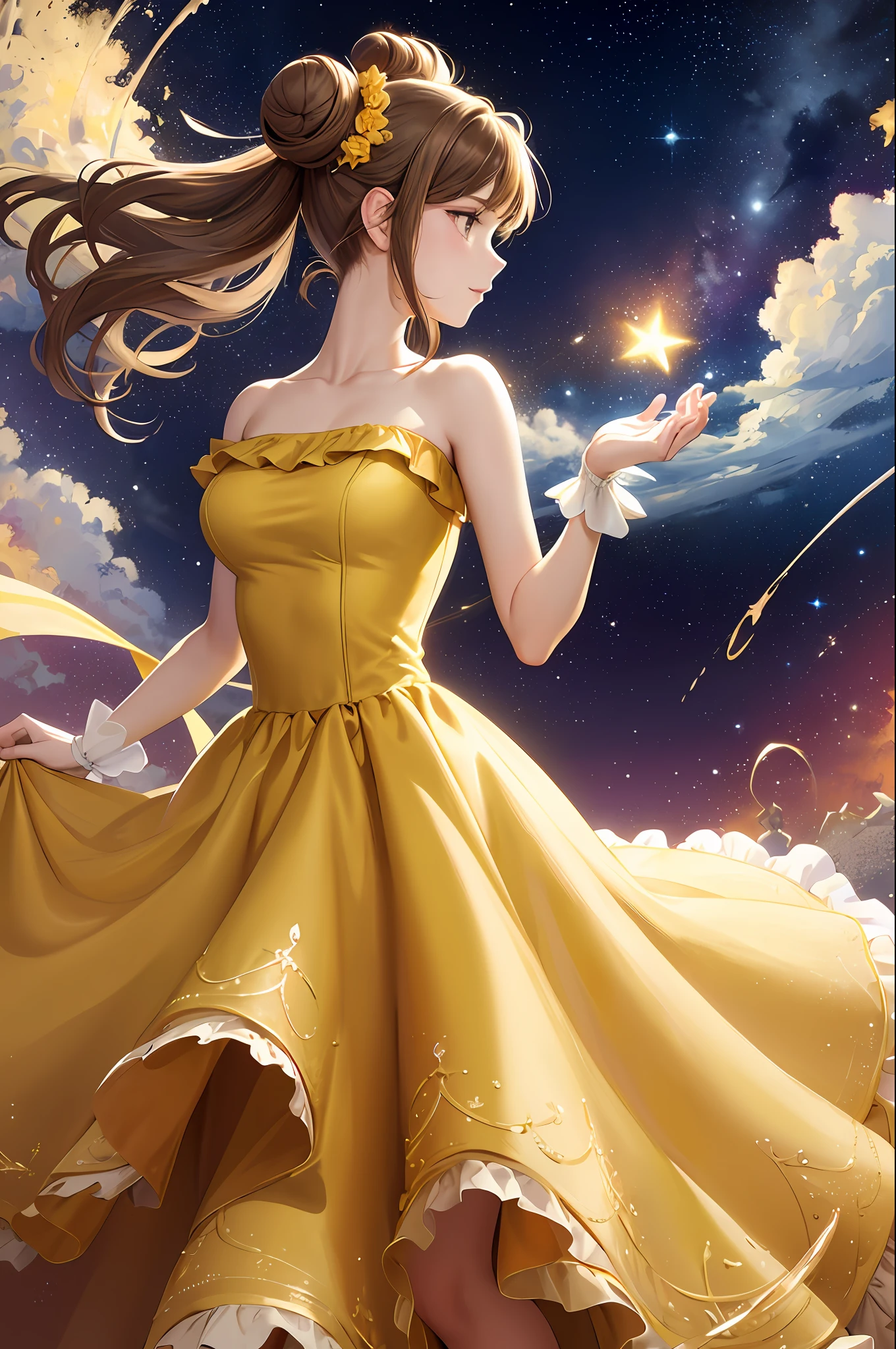 (masterpiece, superior quality, best quality, watercolor (medium), official art, beautiful and aesthetic: 1.2), (1 Beautiful: 1.3), (fractal art: 1.3), upper body, profile, patterns, ( long brown hair, brown hair stuck on top of the head, yellow "strapless" dress, strapless dress, long evening dress, yellow long gloves, dress with various ruffles on the skirt part, hair is stuck in a bun, disney princess style, belle1.2),water,liquid,cloud,colorful,starry,stars, delicate,slender,magical aura