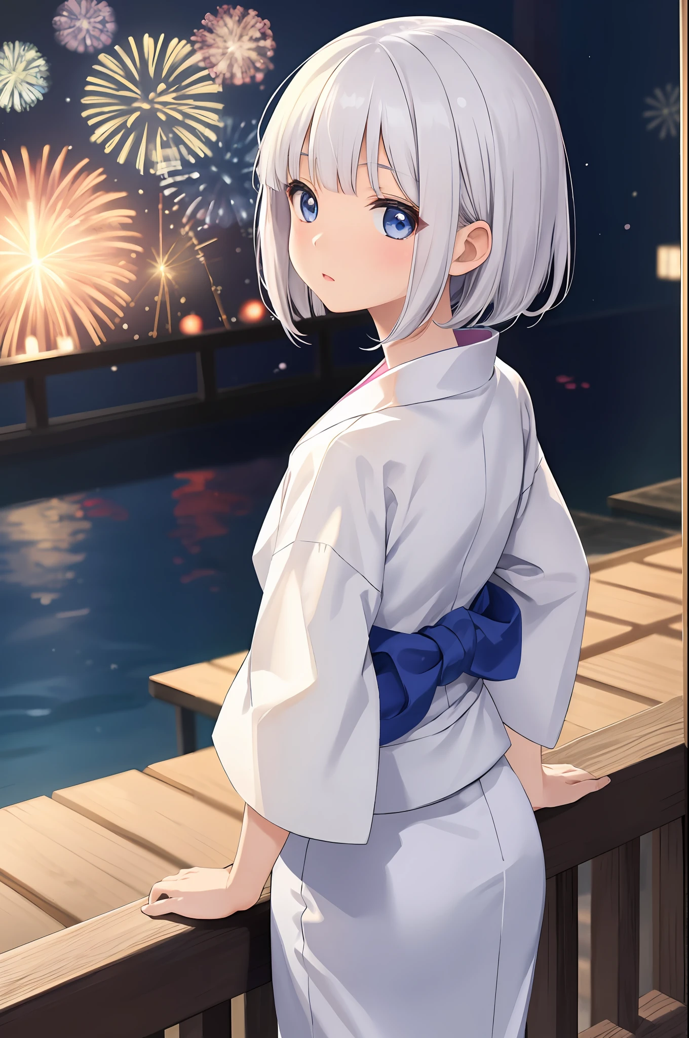 japanese
very cute female child,10 yo, white hair, bangs,medium hair,blue eyes,flat chest, yukata,
veranda,fireworks,from behind,
solo,1girl,
BREAK
(masterpiece, best quality,ultra-detailed:1.1)