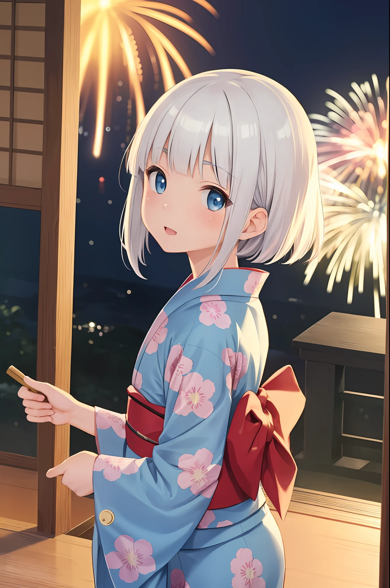 japanese
very cute female ,10 yote hair, bangs,medium hair,blue eyes,flat chest, yukata,
veranda,fireworks,from behind,
solo,1girl,
BREAK
(masterpiece, best quality,ultra-detailed:1.1)