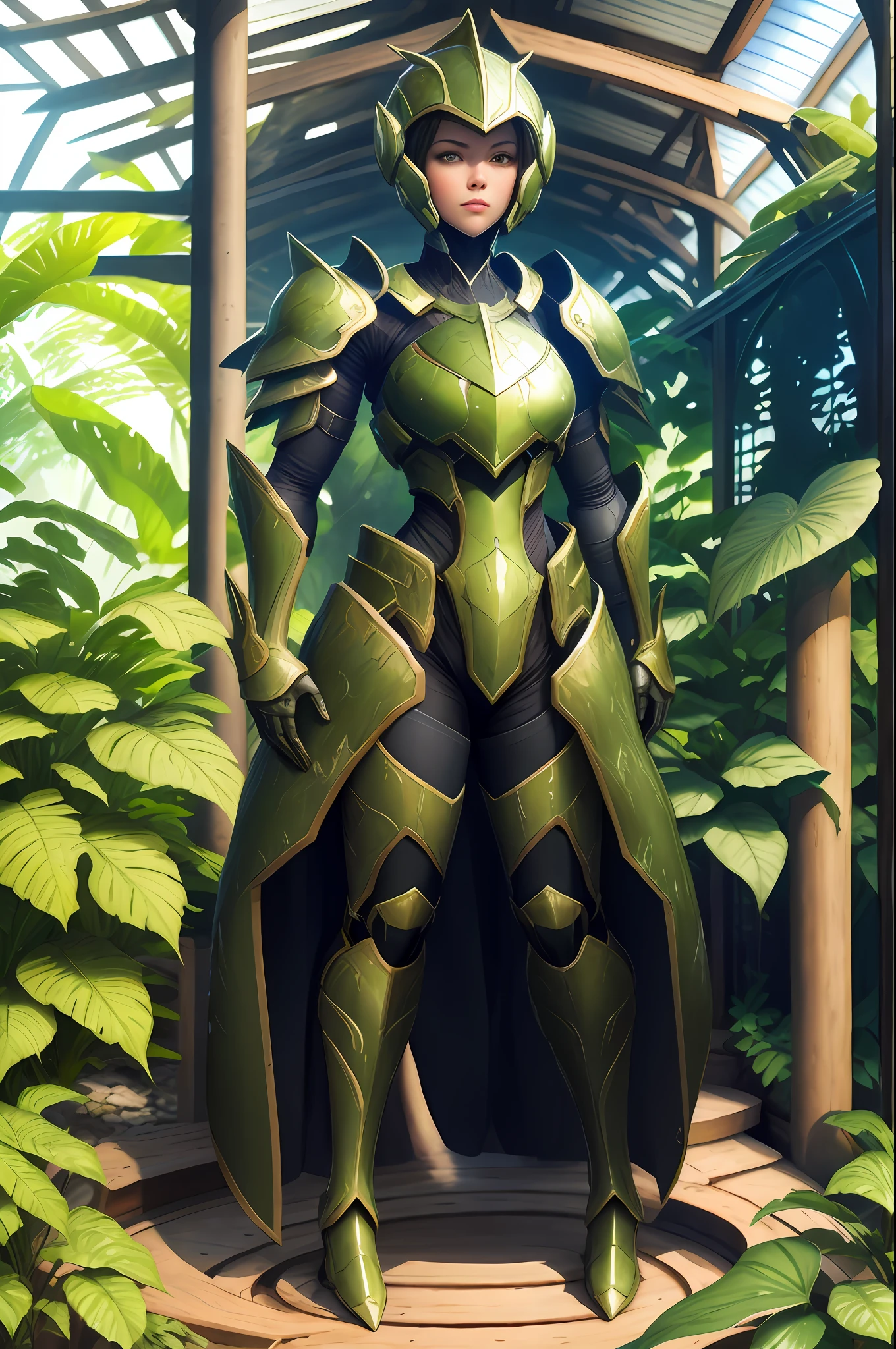 masterpiece, best quality,1 girl, armor, full body, looking at the viewer, chlorophyll green color armor,,detailed tropical greenhouse background