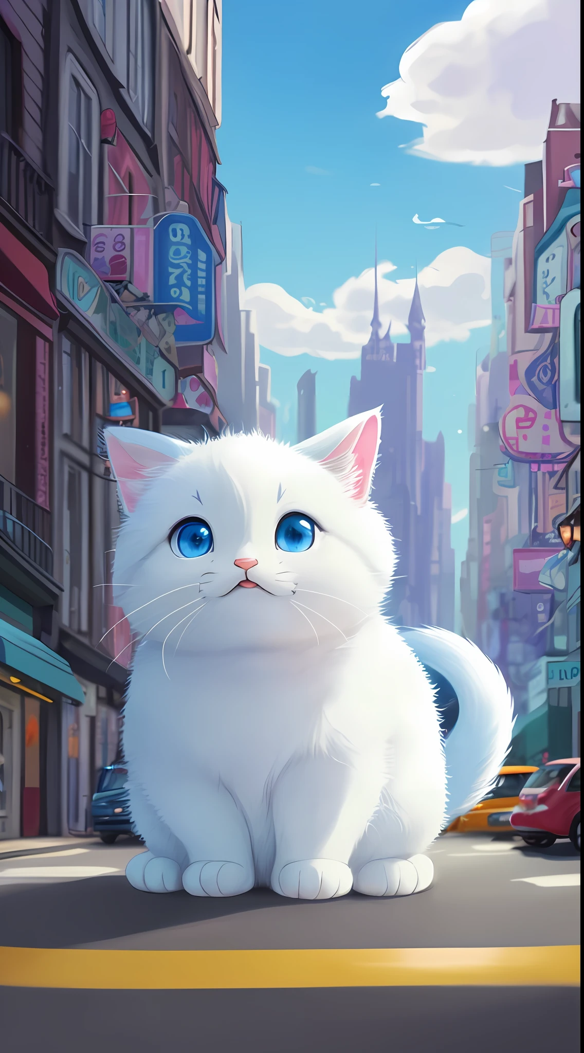 A scared chubby cat with a small tail, small nose, big ears, blue eyes, city background passing cars, Caroline chariot-dayez pastels, tumblr, furry art, hellokity, disney's bambi 'furry disney', floating ears, fluffy tail . HIGH RESOLUTION