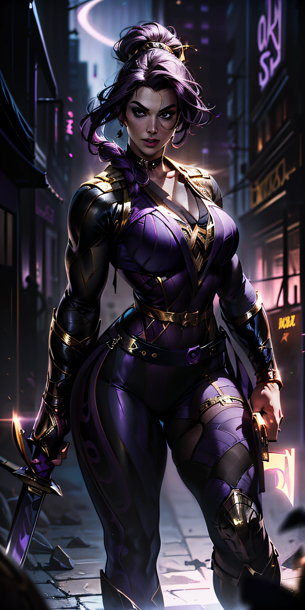 A purple-haired woman with ponytail braid in wonder woman pose, in an alley at night, Gil Elvgren style, WLOP, Artgerm ((cinematic style) ((black and gold purple superhero outfit)) (demons in the background of the image) ((woman holding a Katana sword pointed at the viewer)) hero uniform, 1 girl, solo, fitness body,  poster art style. 1980s, 1950s, 1960s, 1940s, basic color scheme, very colorful poster, colorful art, third rule, dynamic pose, woman, 1 25-year-old girl, looking at the viewer, blurred background, large breasts, blue eyes.