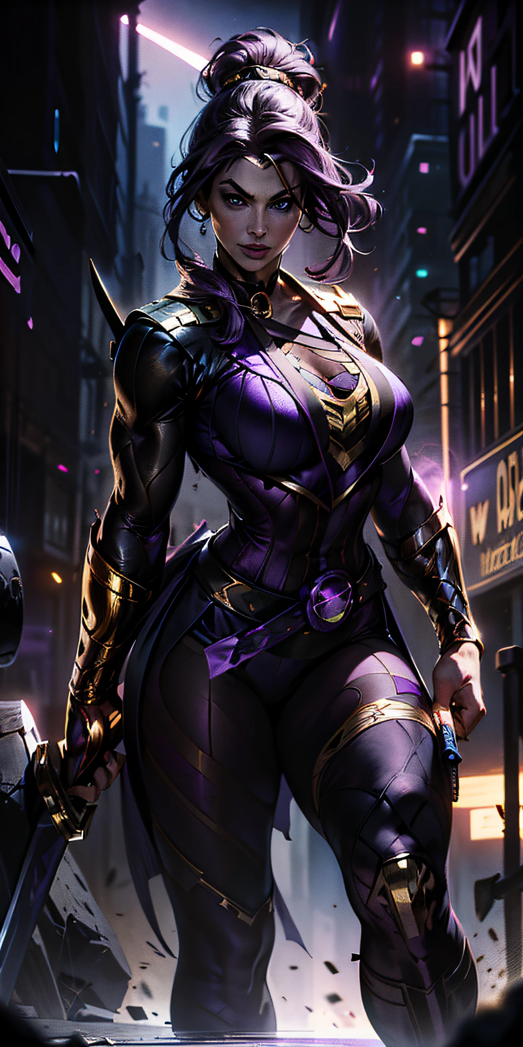 A purple-haired woman with ponytail braid in wonder woman pose, in an alley at night, Gil Elvgren style, WLOP, Artgerm ((cinematic style) ((black and gold purple superhero outfit)) (demons in the background of the image) ((woman holding a Katana sword pointed at the viewer)) hero uniform, 1 girl, solo, fitness body, poster art style. 1980s, 1950s, 1960s, 1940s, basic color scheme, very colorful poster, colorful art, third rule, dynamic pose, woman, 1 25-year-old girl, looking at the viewer, blurred background, large breasts, blue eyes.