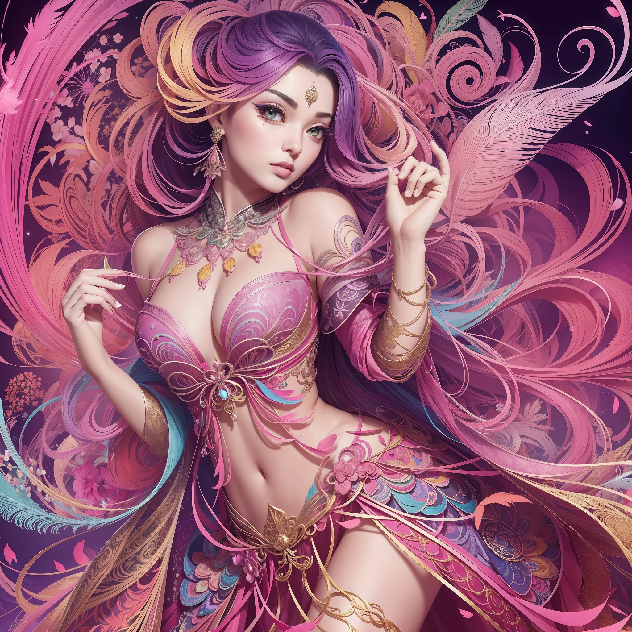 Erjie, girl with smooth and dynamic posture, wearing a loose and flowing pink dress, mysterious expression, curly black-pink hair, Aishwarya Rai, bold and colorful abstract art in a modern and abstract environment, blurred background, bright lights, official art, Unity 8k wallpaper, (zentangle, mandala, tangled, tangled), complex clothes, weathered (whole body, from all directions, masterpiece, top quality, best quality, Beauty and aesthetics: 1.2), very detailed, (fractal art: 1.1), (color: 1.1) (flowers: 1.3), highest detail, (zentangle: 1.2), (dynamic pose), (abstract background: 1.3), (shiny skin), (multiple colors: 1.4), (feathers: 1.5), dynamic angles, the most beautiful chaotic forms, elegant, fauvist design, bright colors, romanticism, nuwa --auto --s2