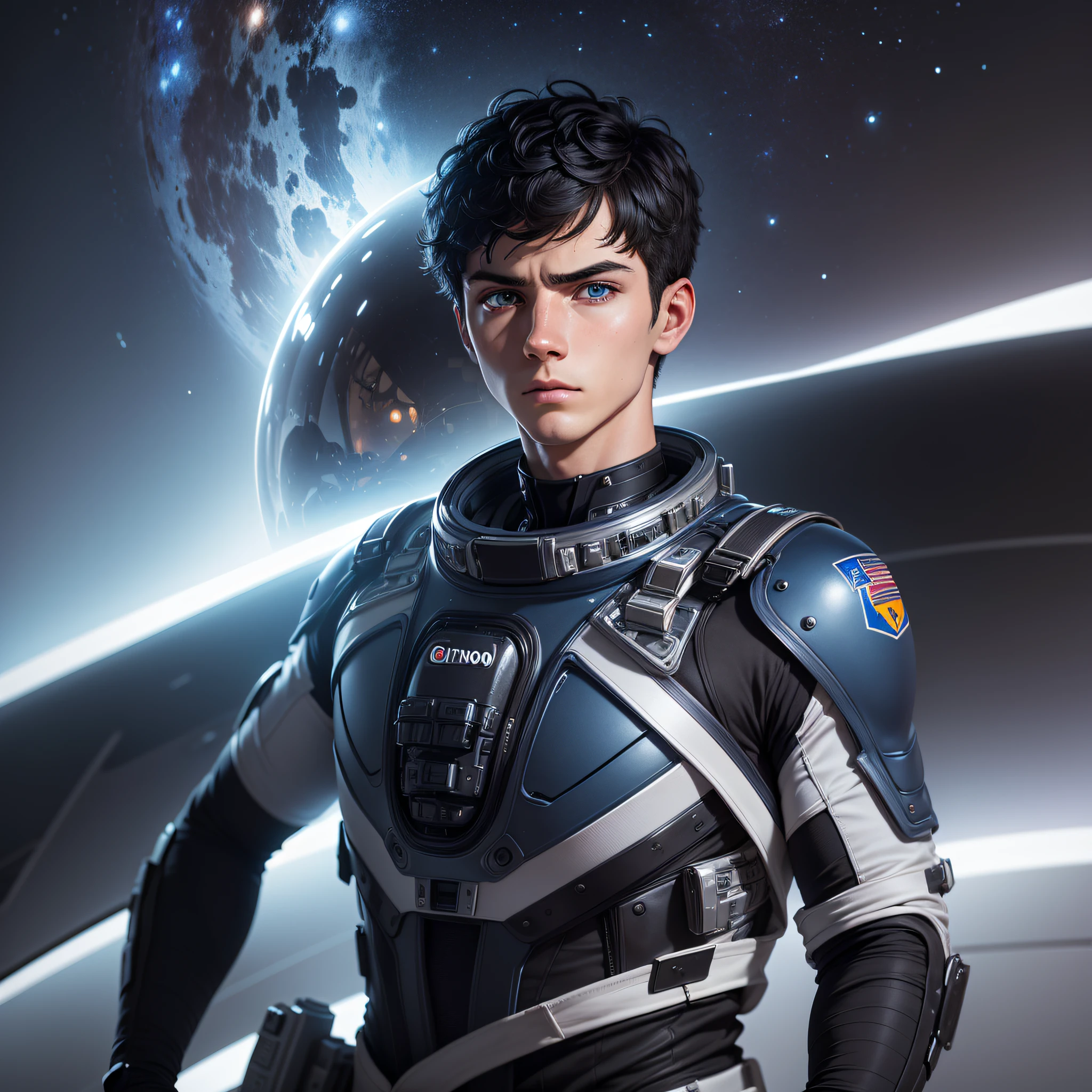ultra detailed, ultrarealistic, young man wearing astronaut full body suit with no helmet, blue eyes, black short hair, detailed hair, Canon EOS R100, (((emotionless expression))), ((waist-up)), (((sfw))), (((simple background))),, single character, self confident pose