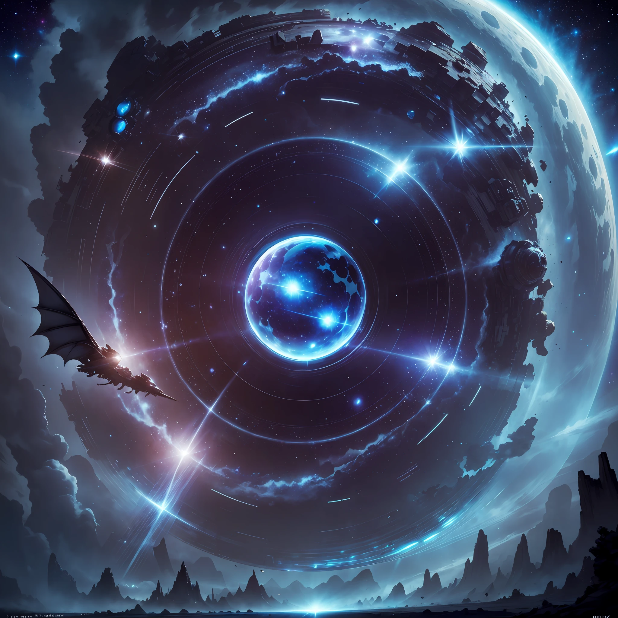 Black bat-like satellites, Earth flight, smooth and shiny surface, starry afterglow, unique shape, huge steel shield, mysterious symbols and patterns, faint blue light, endless power, tiny and fragile earth, isolated gems, the darkness of the universe. --auto --s2