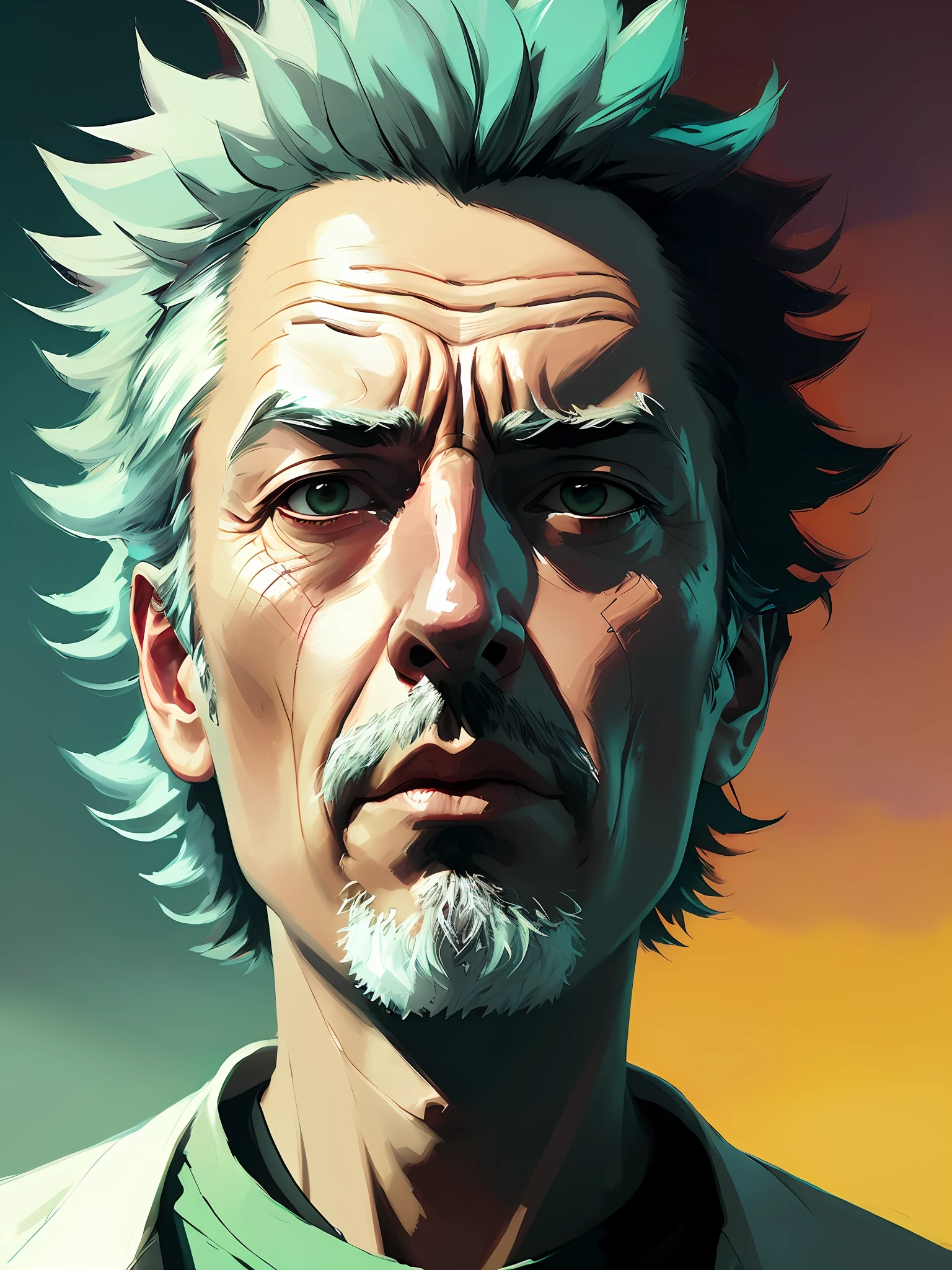 Portrait of Rick Sanchez, ((cinematic style)), rick and morty universe, Atey Ghailan, by Jeremy Mann, Greg Manchess, Antonio Moro, trend at ArtStation, trend at CGSociety, Intricate, High Detail, Sharp focus, dramatic, photorealistic painting art by midjourney 8k