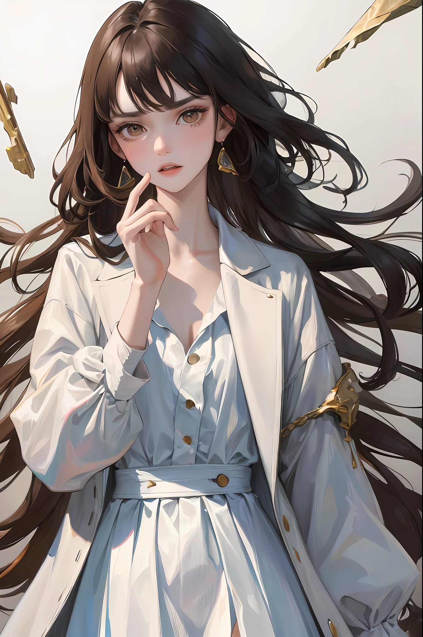 (highest resolution, distinct_image) best quality, feminine masterpiece, high detail, semi-realistic, (most body), straight black hair, bangs, 18 years old, young, white skirt, pointed face, (brown eyes, hair between the eyebrows), fluorescent coat (broken glass), (pure white background), cold, serious, authoritative, powerful, (standing painting), (delicate facial features, exquisite facial features)