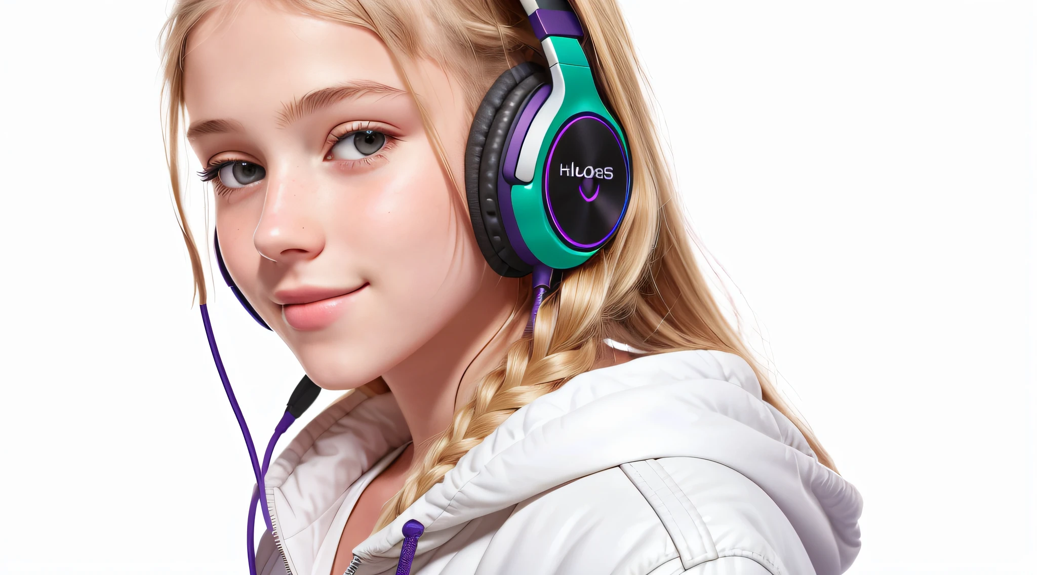 girl 12 years, blonde long hair of braids,portrait, with headphones on smiling and holding hands up, soft green background lights on top of girls, ,purple leather jacket, girl wearing headphones, listening to music, wearing headphones, with headphones, with headphones, using a headset,  vibrating with music, listening to godly music, using headphones, using gaming headsets, tinnitus, high-quality portrait, headphones on, , digital art h 9 6 0, (white background: 1.3).