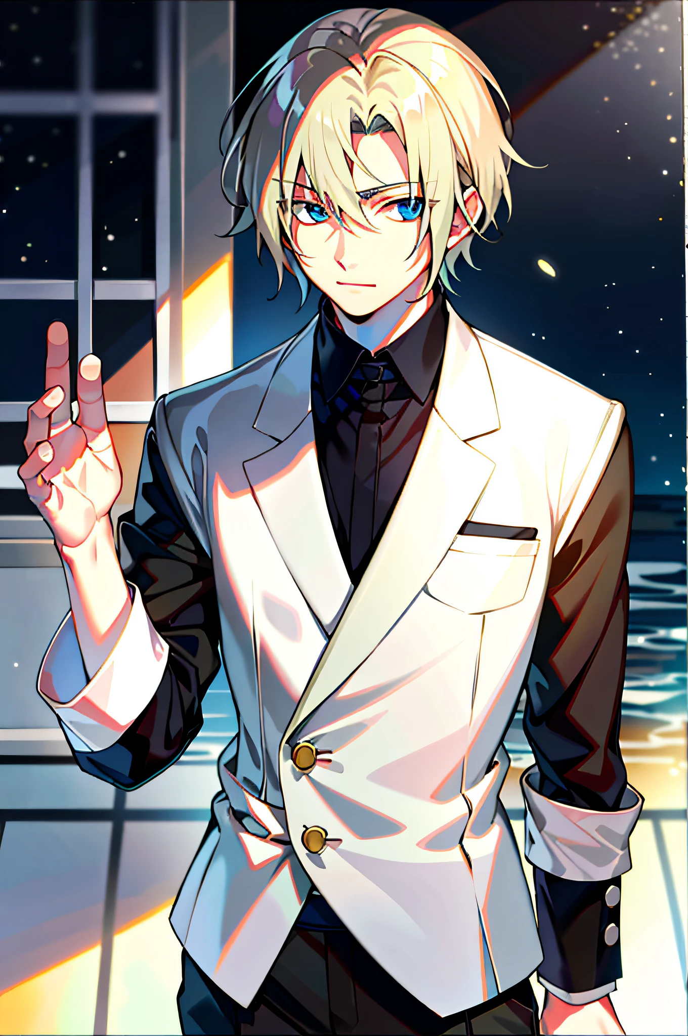 best quality, masterpiece, 1boy, solo, kamuiv1, tuxedo, short white hair, gold eyes