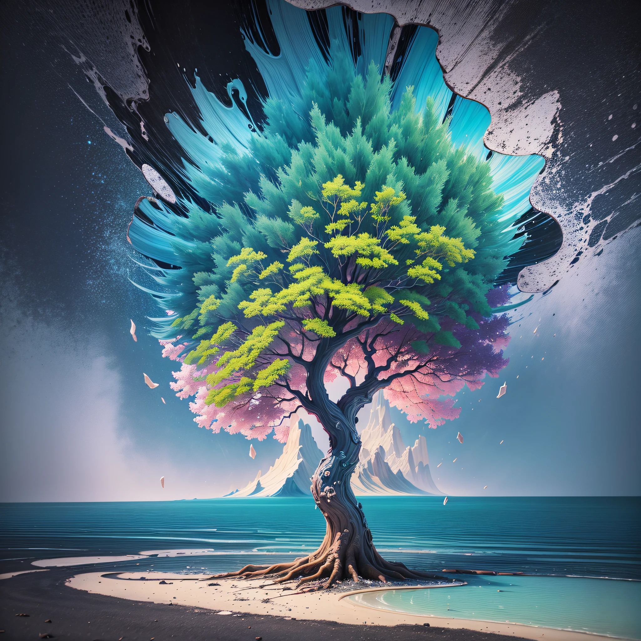 Imagination, ultra realistic, photographic, 3D, 8K, a solitary tree painting, Salvador Dali style that is only now painted, surreal, abstract, hyperrealistic, impasto, -- air 16:9 --auto --s2