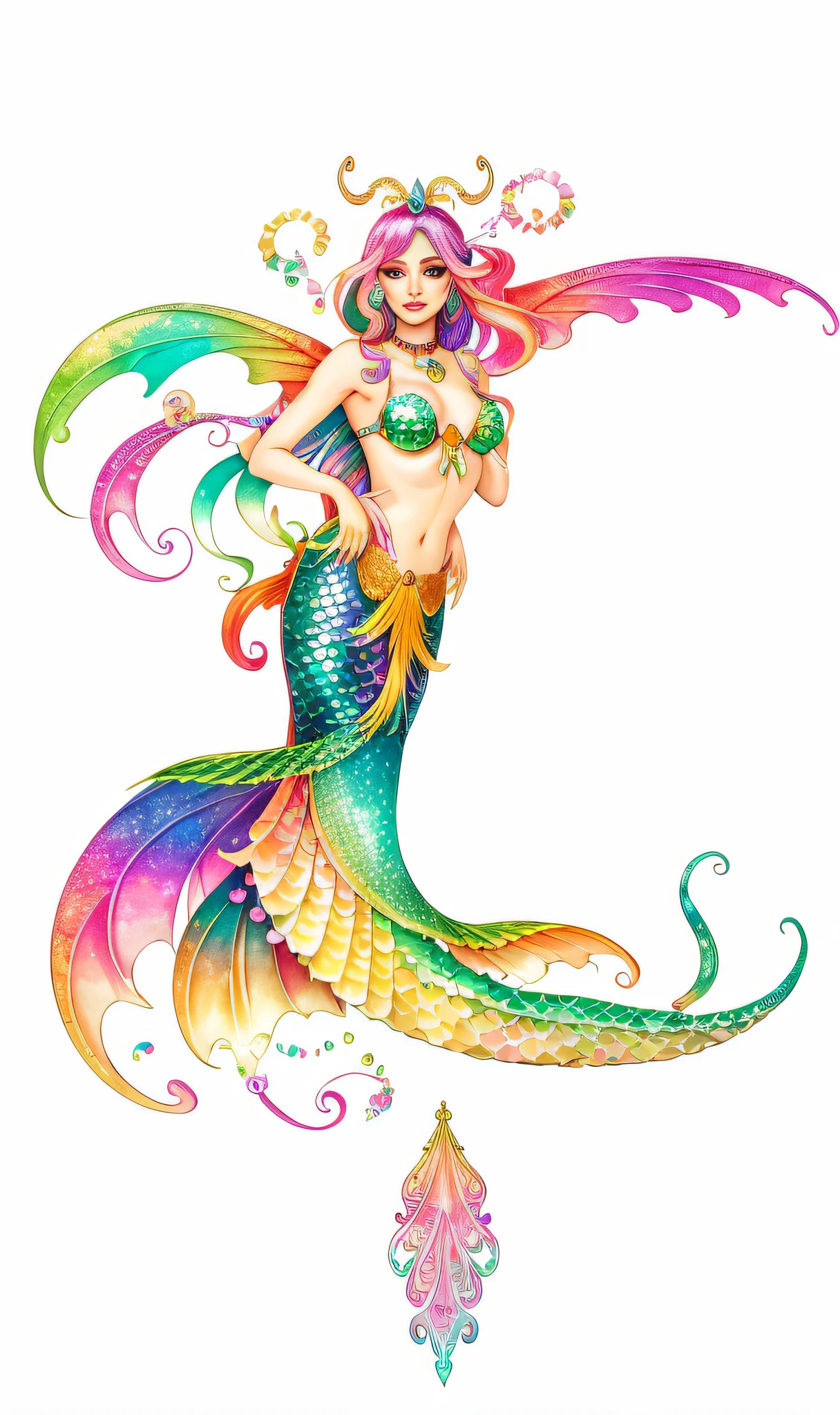 mermaid with colorful tail and wings, colorfull digital fantasy art, beautiful mermaid, colorfull illustration, full color illustration, colorful illustration, full color digital illustration, iridescent scales on her body, illustration iridescent, psychedelic goddess, colored illustration, a beautiful artwork illustration, mermaid, colorful! character design, rainbow wings, fantasy water color, colorful concept art