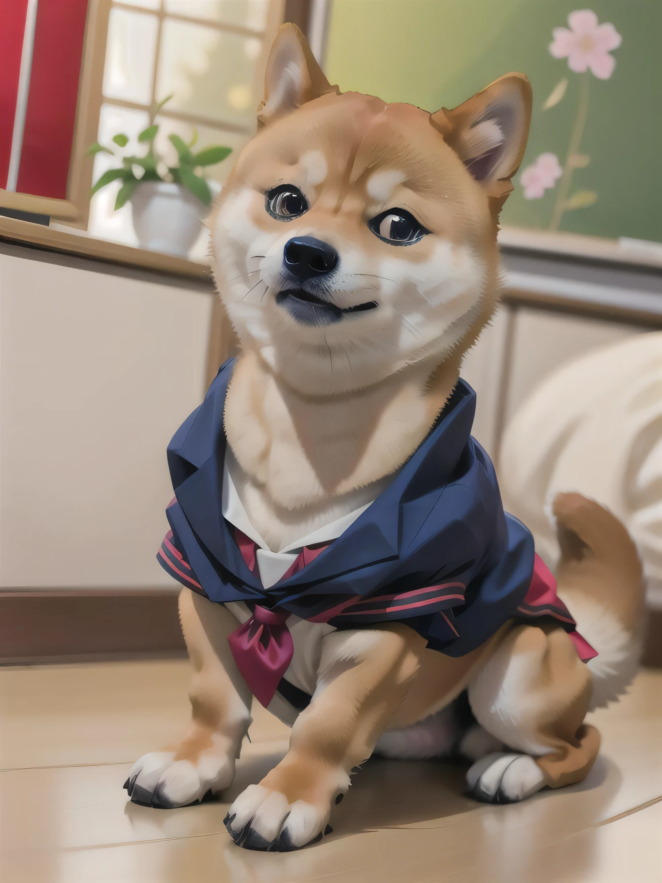 :: vivid colors, Highly defined, Highly detailed, 8k, solo, 1dog :: mntydge wearing a  japanese school uniform, shiba inu, slskmz short