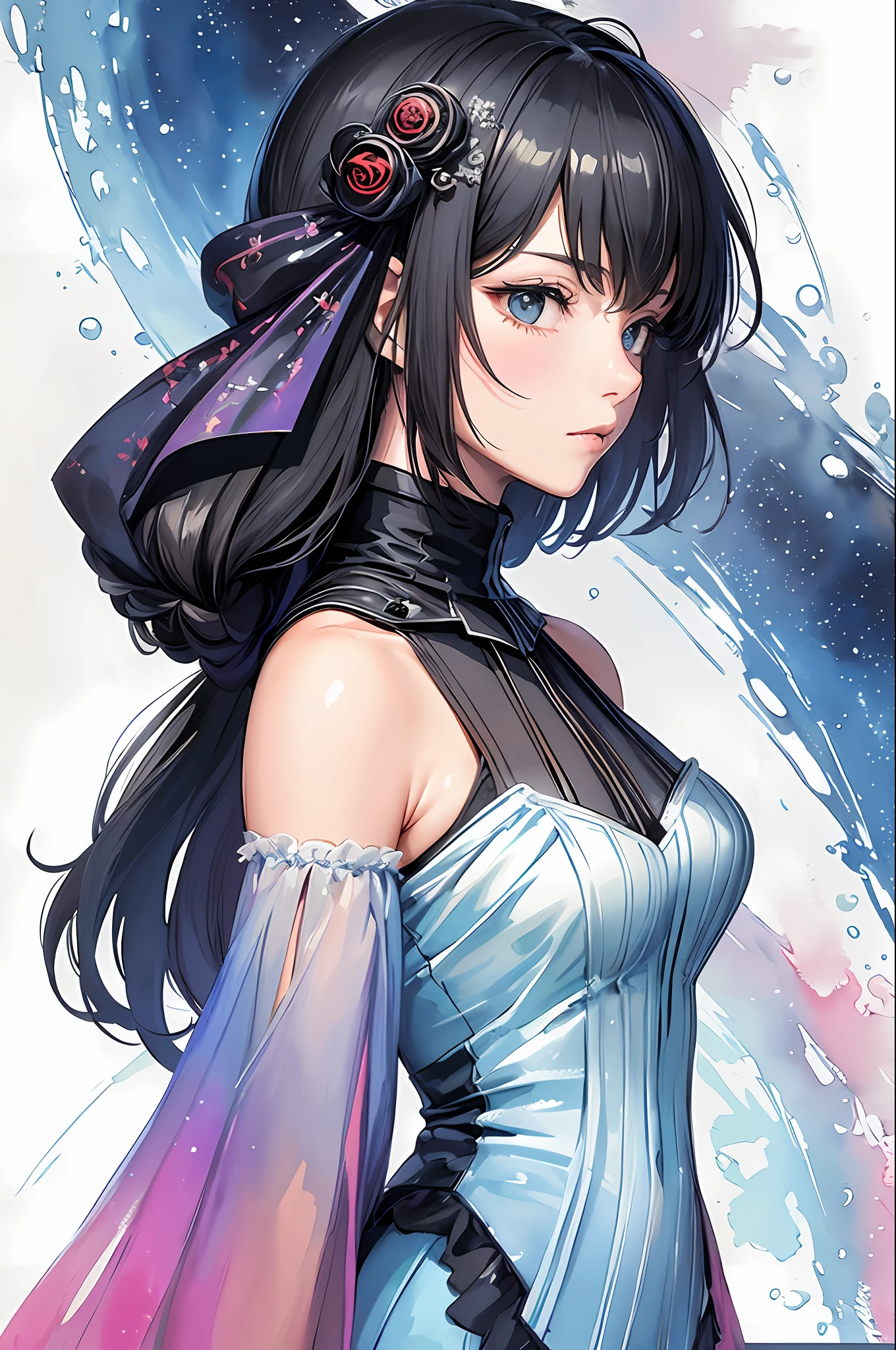 (masterpiece, top quality, best quality, watercolor (medium), official, beautiful and aesthetic art: 1.2), (1 Darth Vader: 1.3), (fractal art: 1.3), upper body, profile, patterns, (Darth Vader with an anime character 1.2),water,liquid,cloud,colorful,starry,stars, delicate, magical aura