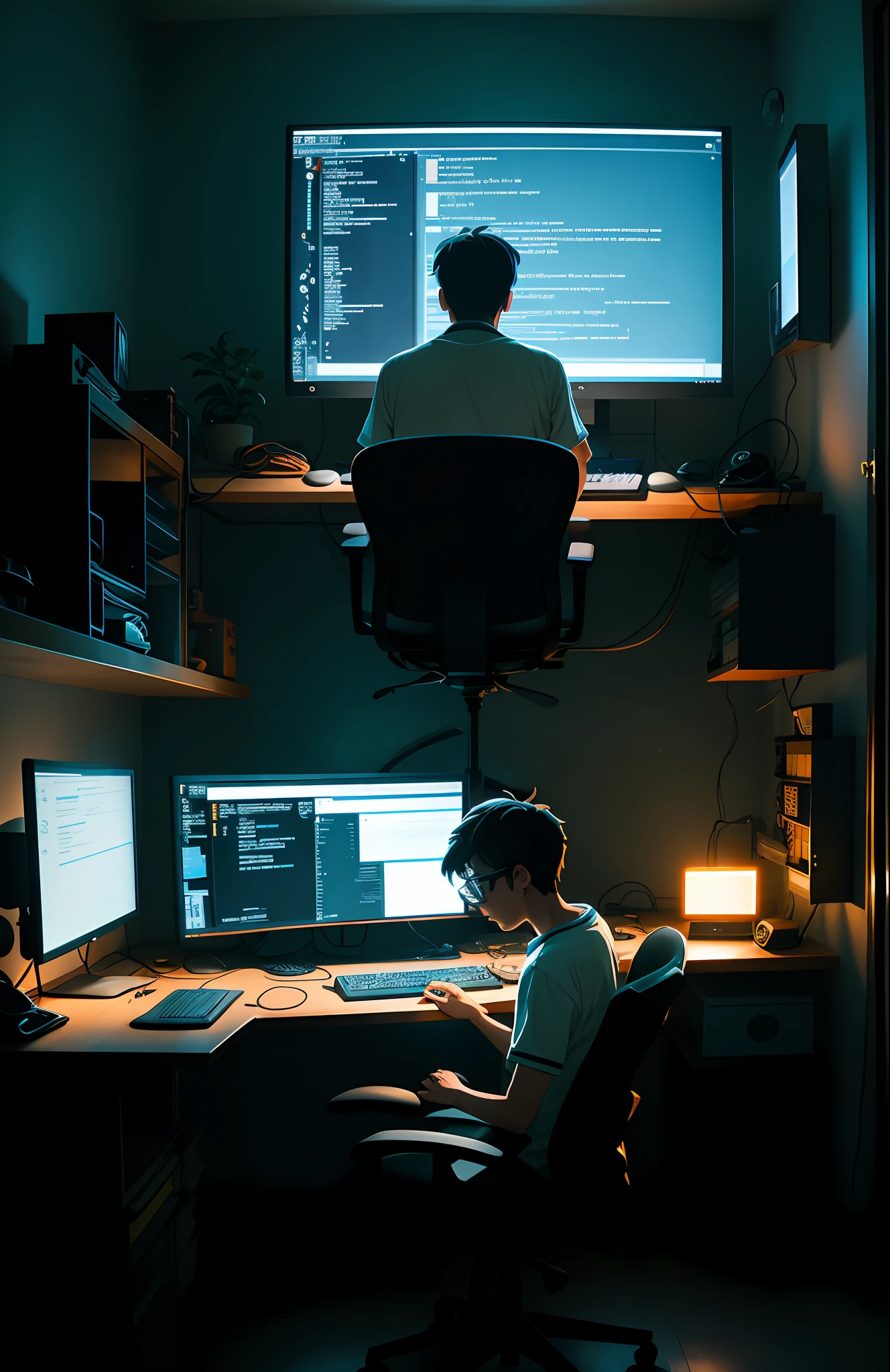 A nerdy boy is programming in front of a computer in a room full of gadgets, designed by Makoto Shinkai and Studio Ghibli, dramatic lighting, very detailed, incredible quality, programmer, online order taking, web development, app development, applet development, software development, etc