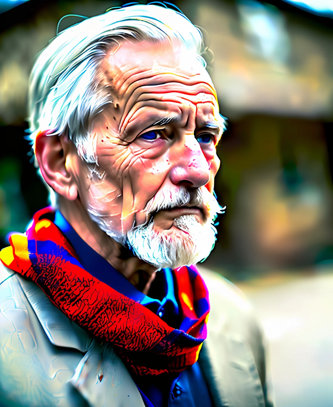 Hyper-realistic photo of old man, brown skin, signs of tiredness and sadness, white beard and in the background behind the man a scenario of ruins and destruction. Striking and vivid colors, with the front profile. Wearing scarf, eyes looking up, sidelit, wrinkled face clean in detail, telephoto, moonlight, torches, atmosphere, ocean night exterior, realistic details, intrigued, true aged skin texture with side light focus.