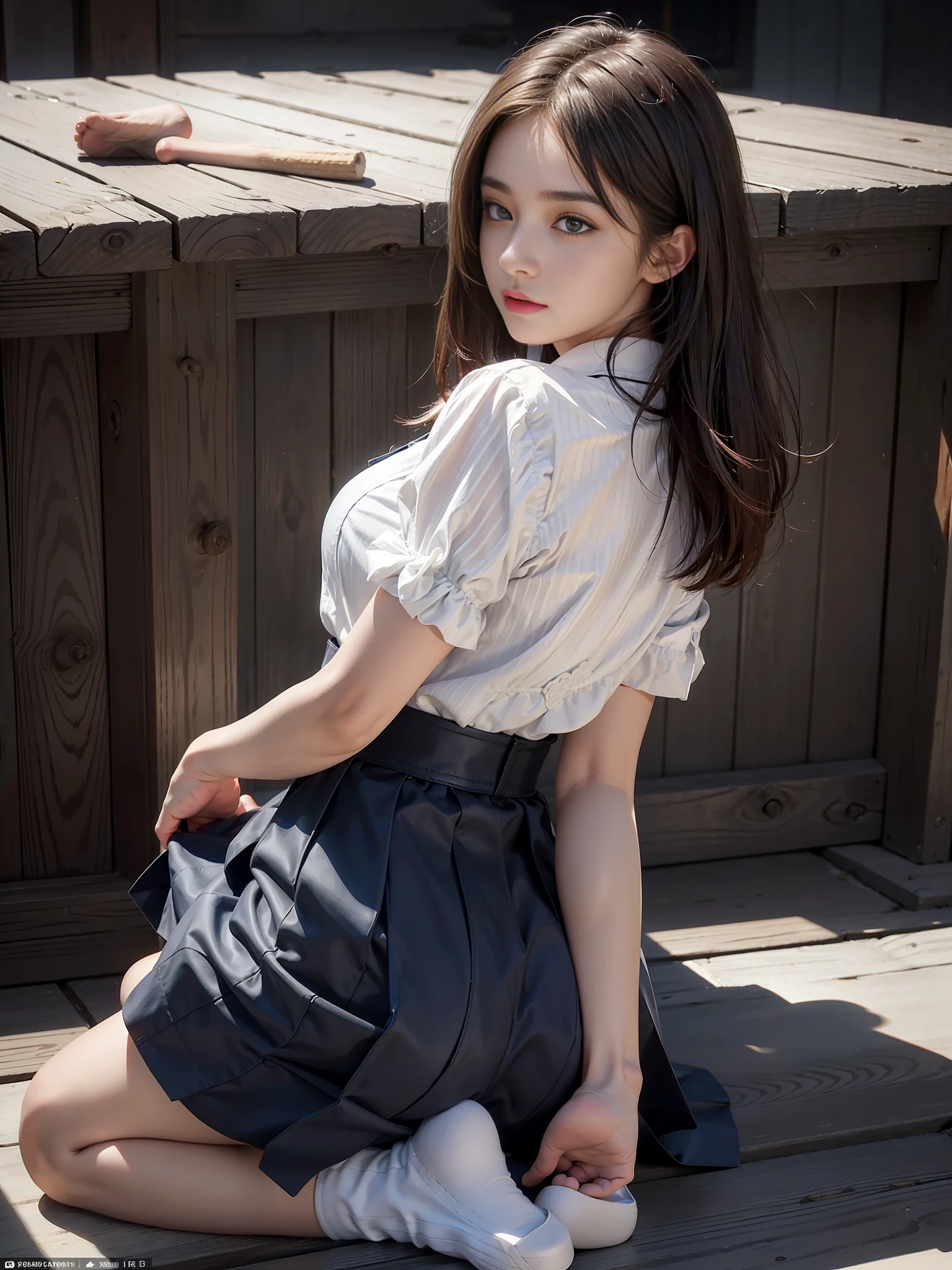 (Photoreal: 1.4), (Hyperrealistic: 1.4), (Realistic: 1.3), (Smooth Lighting: 1.05), (Improved Cinematic Lighting: 0.9), 32K, One Japan woman with a faint smile, realistic lighting, backlight, face lights, ray tracking, (Bright light: 1.2), (Quality improvement: 1.4), ( Top quality realistic textured skin: 1.4), fine detailed eyes, detailed face, fine quality eyes, dark brown eyes, (tired, sleepy and satisfied: 0.0), pale lighting, white blouse, bow tie, dark blue skirt, sitting with knees bent, angle seen from the buttocks, looking back at the camera through the buttocks, the soles of the feet wearing white socks under the buttocks are revealing