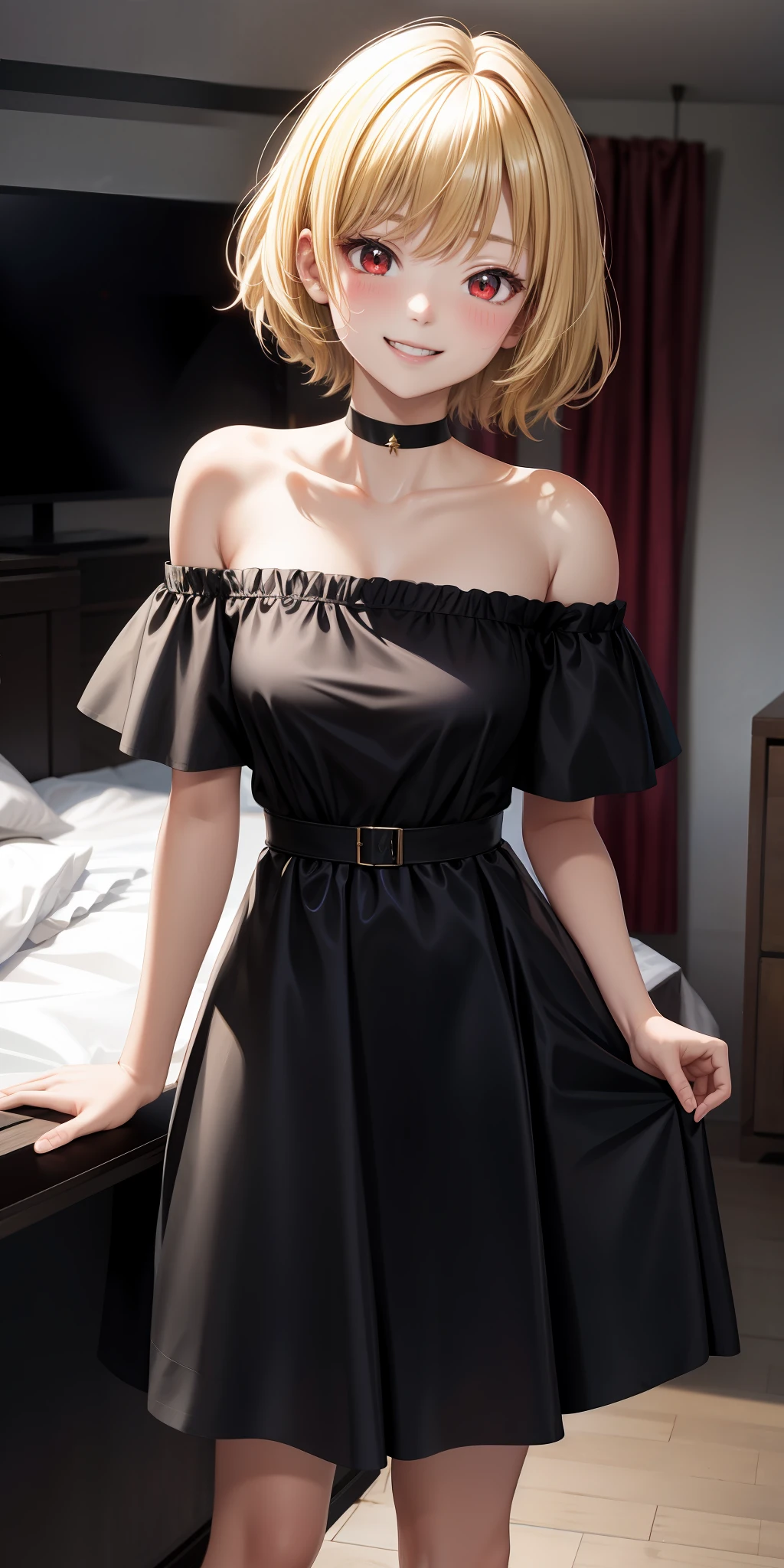 anime, girl single, blonde, short hair, red eyes, black dress, off-the-shoulder, little laughing, indoor, western room