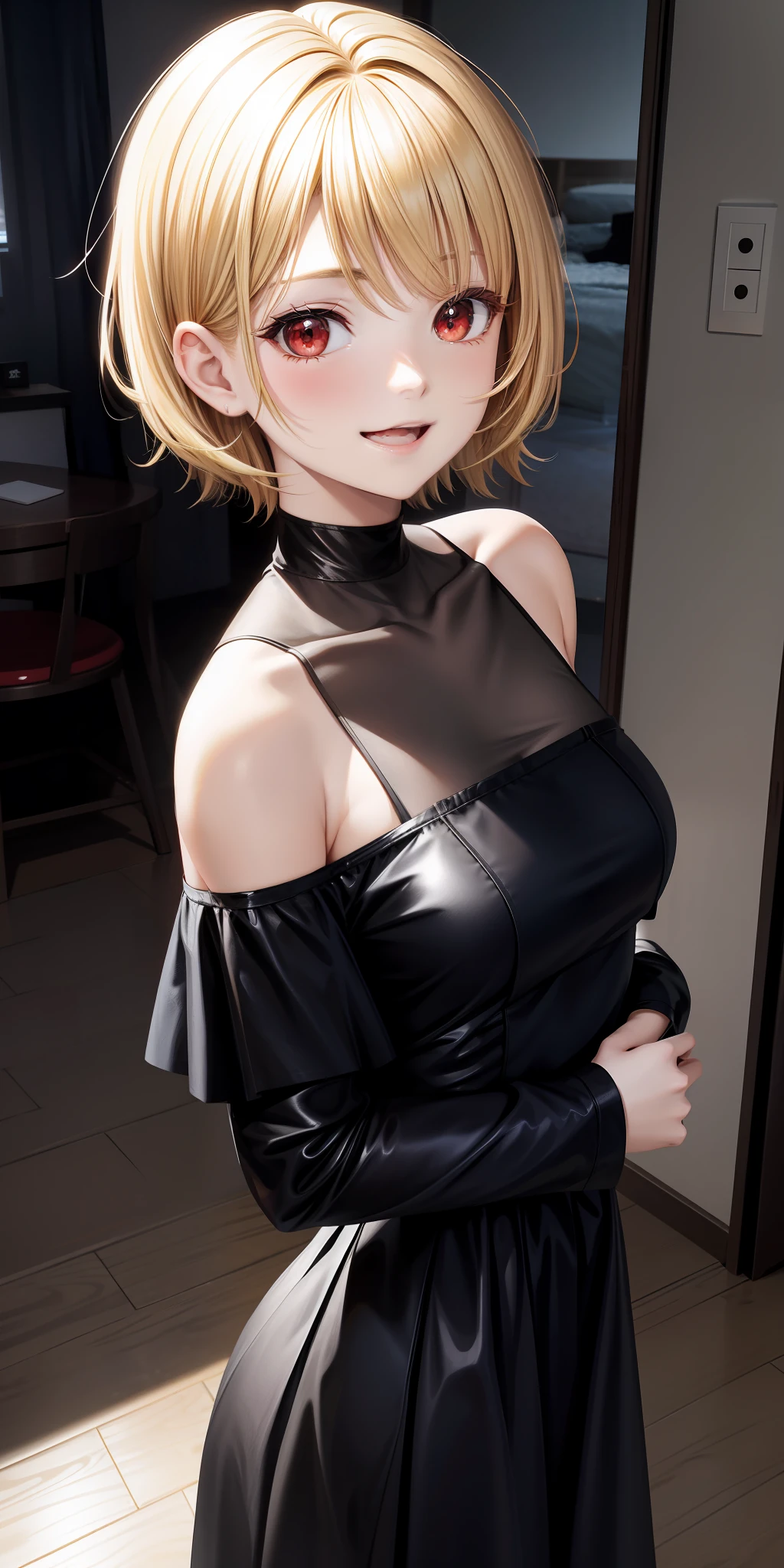anime, girl single, blonde, short hair, red eyes, black dress, off-the-shoulder, little laughing, indoor, western room