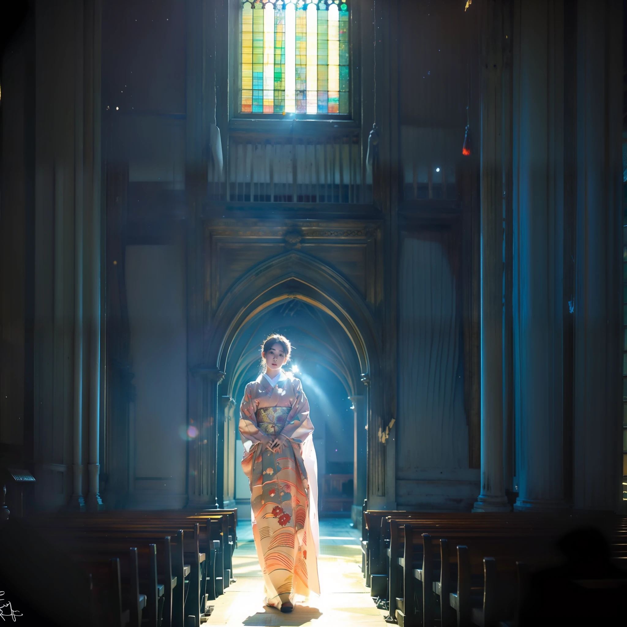 There is a beautiful teenage slender girl in a traditional kimono of Japan walking inside the dimly lit church of Notre Dame Cathedral. Her feet shine reflecting the light from above. Her kimono shines beautifully in the light from above. The kimono is traditional yet colorful, with a refined thin fabric, soft. Small breasts, Best quality, Realistic, Photorealistic, Best quality, Masterpiece, Very delicate and beautiful, Very detailed, Fine detail, Ultra detail, High resolution, Very detailed, Realistic, Ultra high definition, Best quality, Ultra high definition, High quality textures