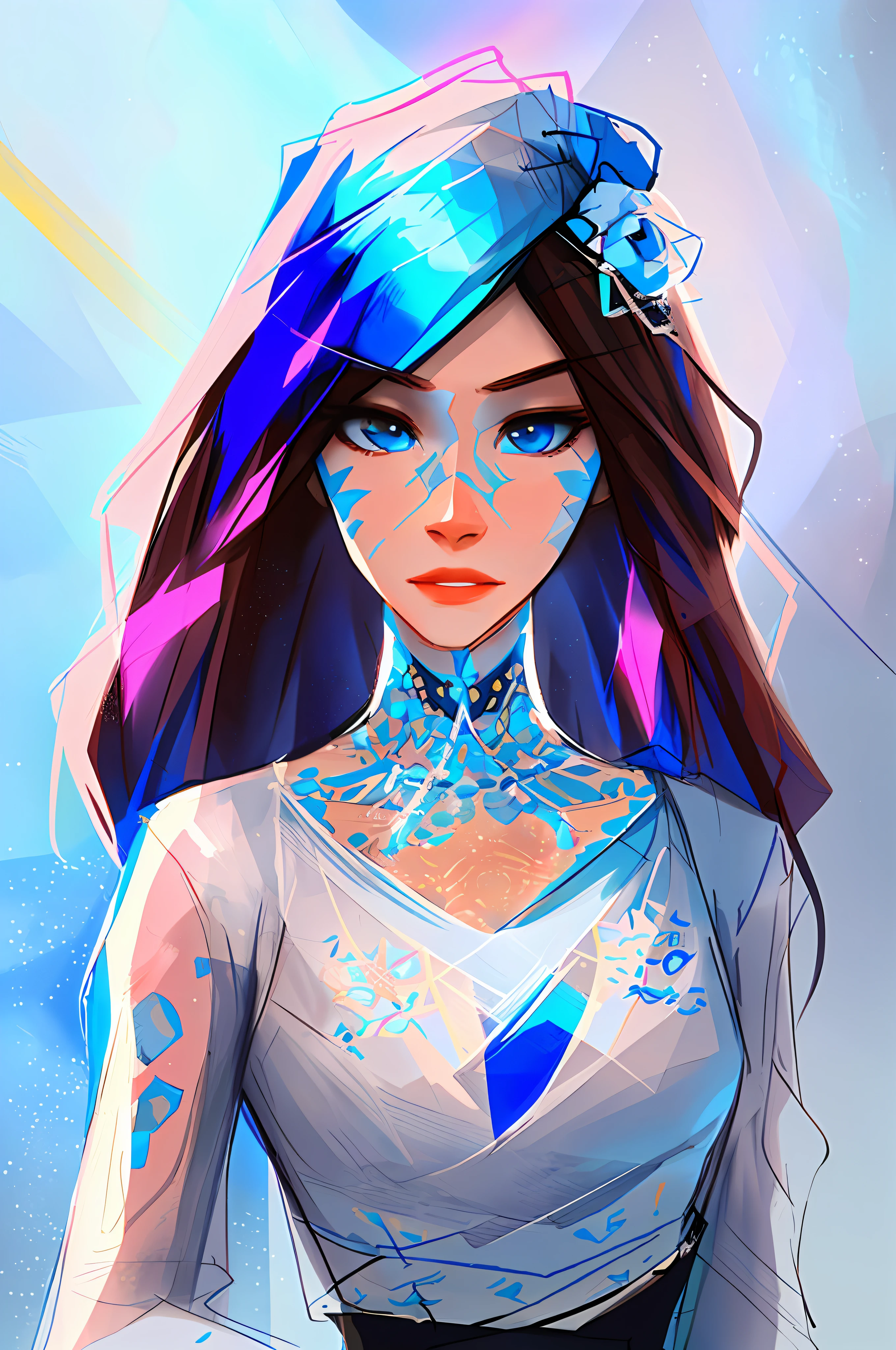 (symmetry:1.1) (portrait of floral:1.05) a woman as a beautiful goddess, (assassins creed style:0.8), blue and pink and opal color scheme, beautiful intricate filegrid facepaint, intricate, elegant, highly detailed, digital painting, artstation, concept art, smooth, sharp focus, illustration, art by greg rutkowski and alphonse mucha, 8k