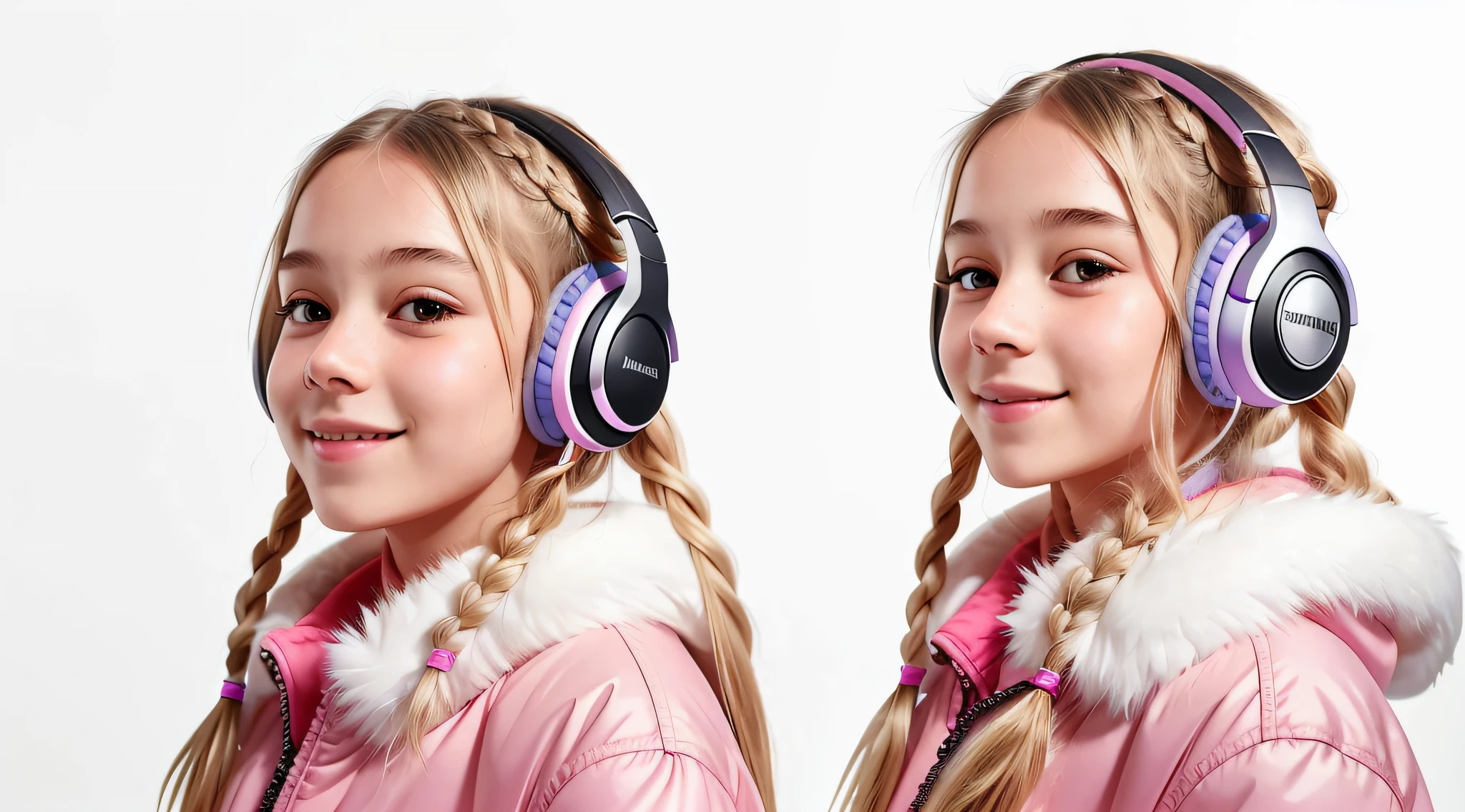 girl , blonde long hair braids,portrait, with headphones on smiling and holding hands up, ,pink fur coat, girl wearing headphones, listening to music, wearing headphones, with headphones, with headphones, using a headset, vibrating with music, listening to pious music, wearing headphones, Using headset for gaming, tinnitus, high quality portrait, headphones on, , digital art H 9 6 0, (white background: 1.3).