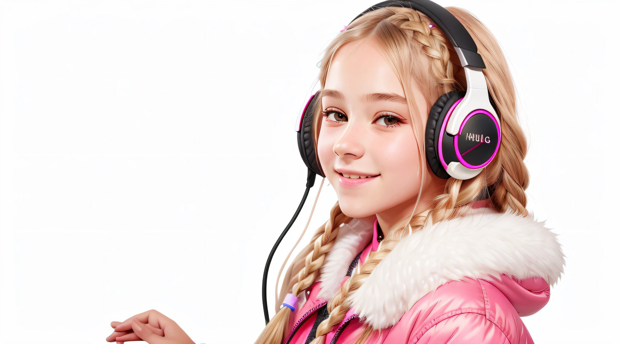 girl 12 years, blonde long hair braids,portrait, with headphones on smiling and holding hands up, ,pink fur coat, girl wearing headphones, listening to music, wearing headphones, with headphones, with headphones, using a headset, vibrating with music, listening to pious music, wearing headphones, Using headset for gaming, tinnitus, high quality portrait, headphones on, , digital art H 9 6 0, (white background: 1.3).