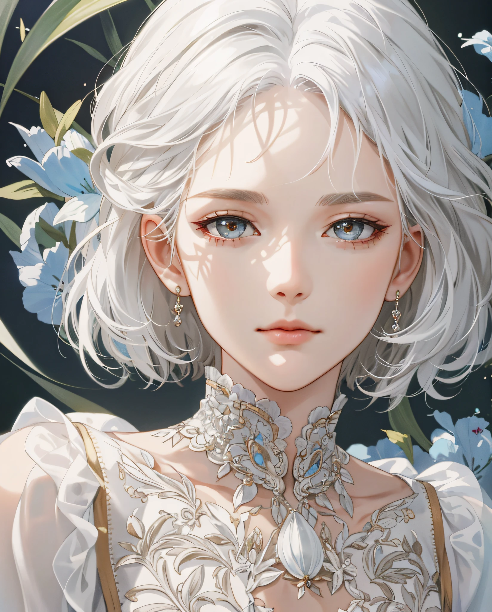 (Extremely Delicate and Beautiful:1.2), 8K ,(Masterpiece:1.0),(best_quality:1.0), 1girl, mature woman, complex details, enlarged textures, complex details, finely detailed eyes and detailed face, intricate details, white hair, (closed mouth), perfect eyes, equal eyes, (goddess), perfect body, extremely detailed
