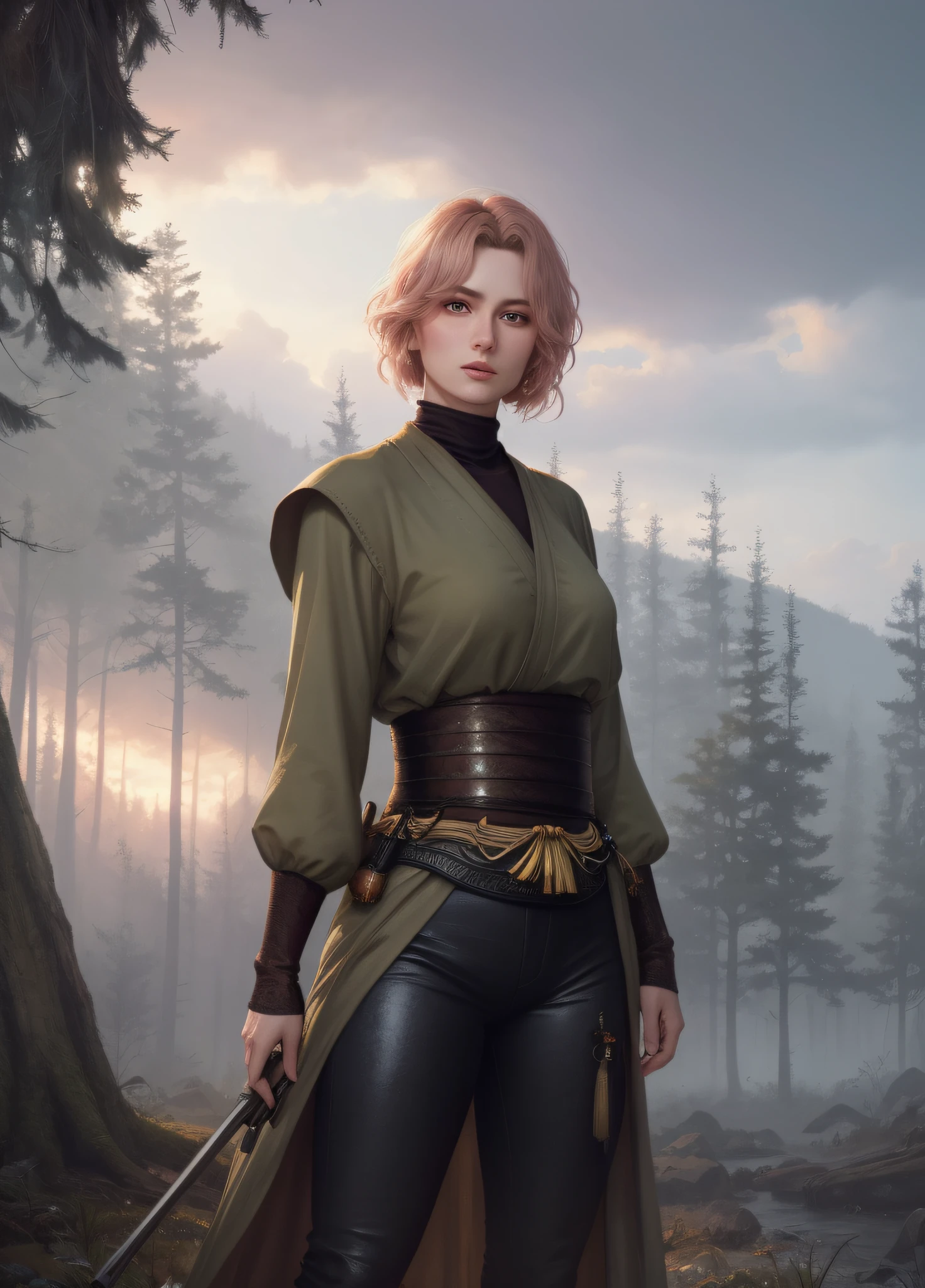 ,(best-quality:0.8), perfect illustration, portrait of a pretty woman with masculine features, 8K, realistic, 1 woman, oversized shirt, blush, night, medium length hair, real, warm color, background color light, day environment, bright color background, slightly raised abdomen, (dark atmosphere), masterpiece, best quality, ((yelan (genshin), solo)), hazel eyes, looking at viewer, Ultra detailed fantasy environment, [mountains:forest:0.3], hyper realism, 8k, clearly worked out detail, intricate, cinematic