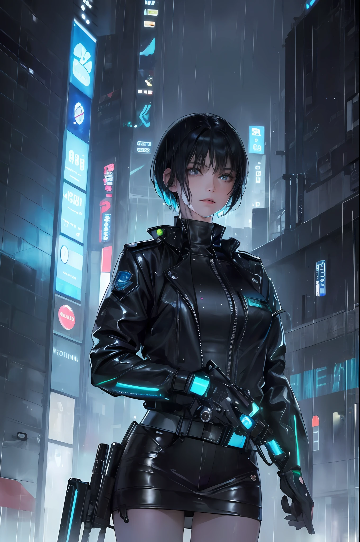 Neon blue short haired woman (masterpiece, best quality, 8k resolution, realistic, rich and detailed facial contours, realistic police uniforms, rainy weather, soaked skin, raindrops, thunder, blade runner movie style, distinctive dystopian feel, science fiction style, detailed and beautiful biomechanics, deliberately prominent bright neon lights, tension-filled buildings, pale skin, short black hair, ((young))), standing posture