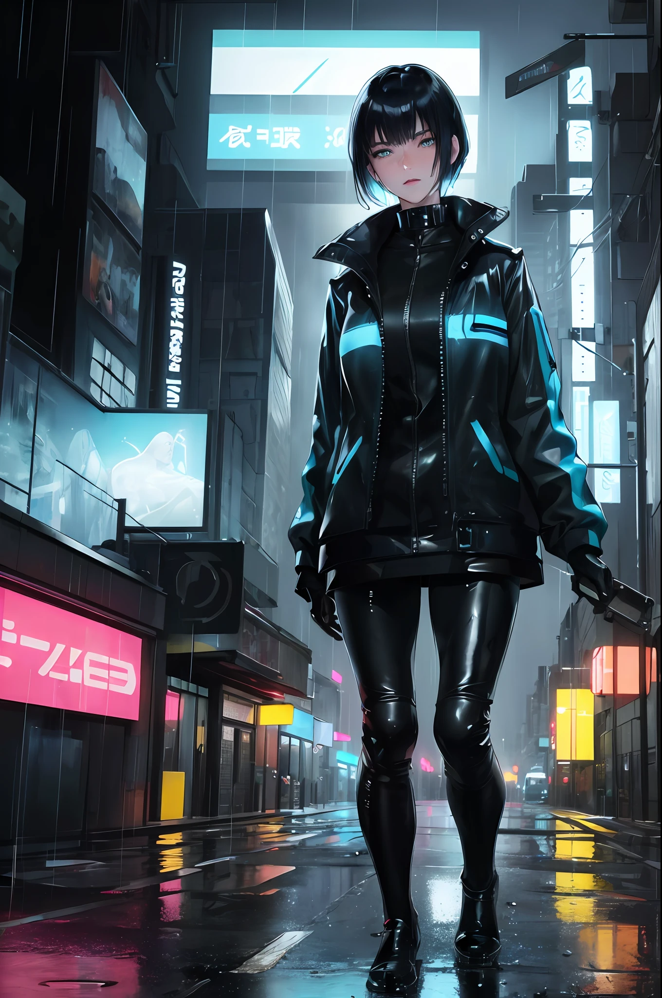 Neon blue short haired woman (masterpiece, best quality, 8k resolution, realistic, rich and detailed facial contours, realistic police uniforms, rainy weather, soaked skin, raindrops, thunder, blade runner movie style, distinctive dystopian feel, science fiction style, detailed and beautiful biomechanics, deliberately prominent bright neon lights, tension-filled buildings, pale skin, short black hair, ((young))), standing posture