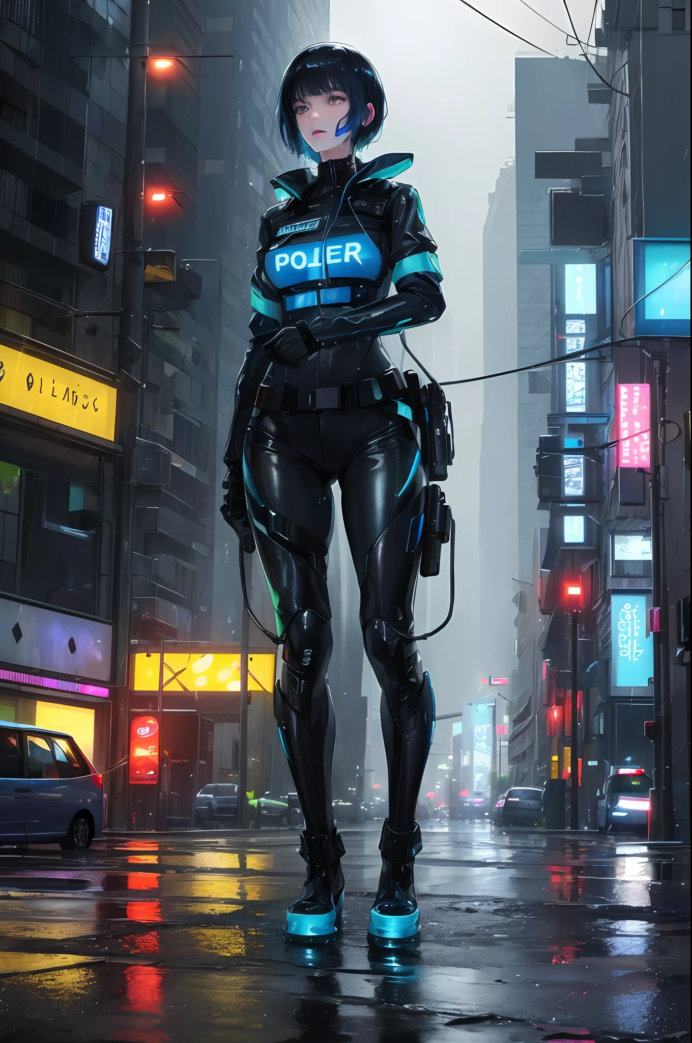 Neon blue short haired woman (masterpiece, best quality, 8k resolution, realistic, rich and detailed facial contours, realistic police uniforms, rainy weather, soaked skin, raindrops, thunder, blade runner movie style, distinctive dystopian feel, science fiction style, detailed and beautiful biomechanics, deliberately prominent bright neon lights, tension-filled buildings, pale skin, short black hair, ((young))), standing posture