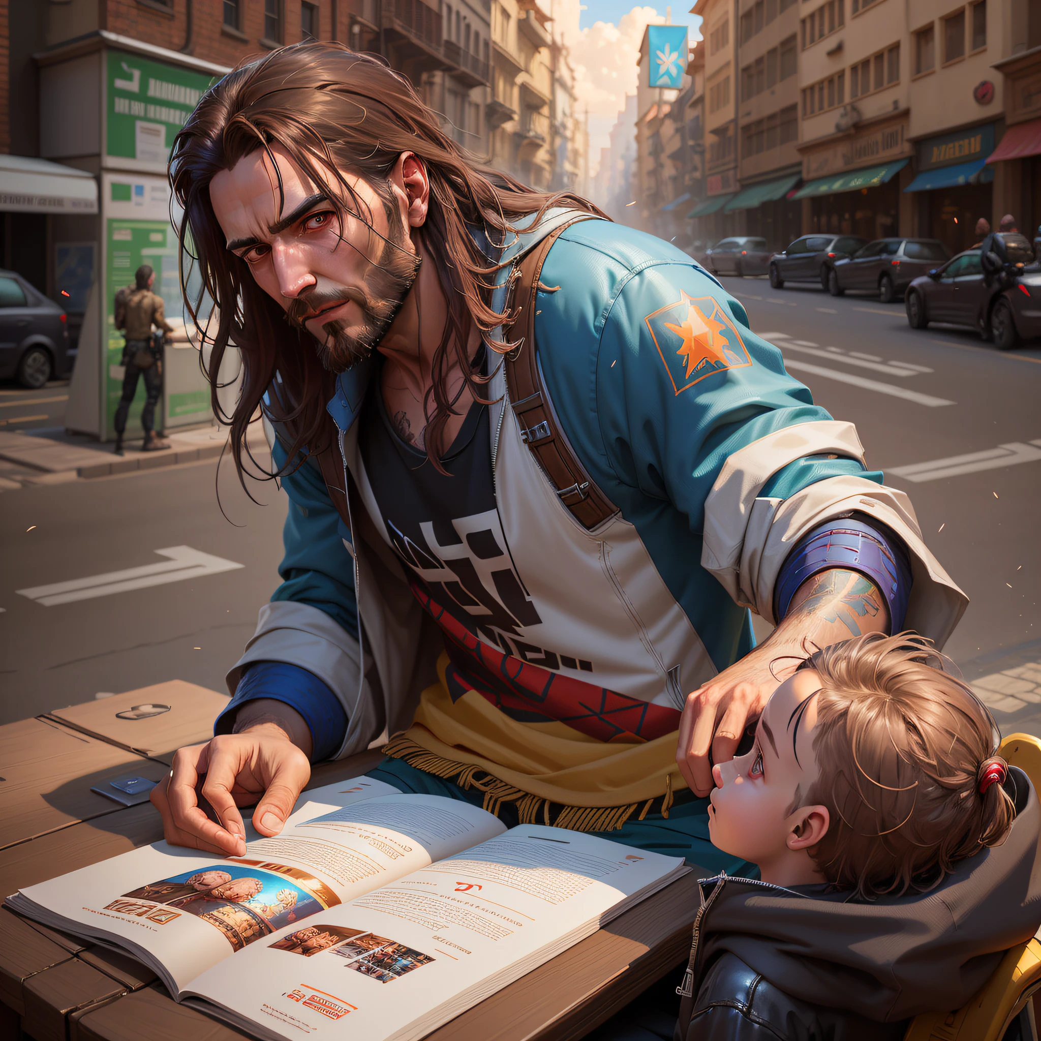 there is a man sitting at a table with a child, alexey egorov, guillem h. pongiluppi, pino daeni and dan mumford, wojtek fus, cyberpunk jesus christ, ross tran 8 k, wlop and andrei riabovitchev, by László Balogh, cyberpunk homeless, hyperrealistic illustration, stunning digital illustration