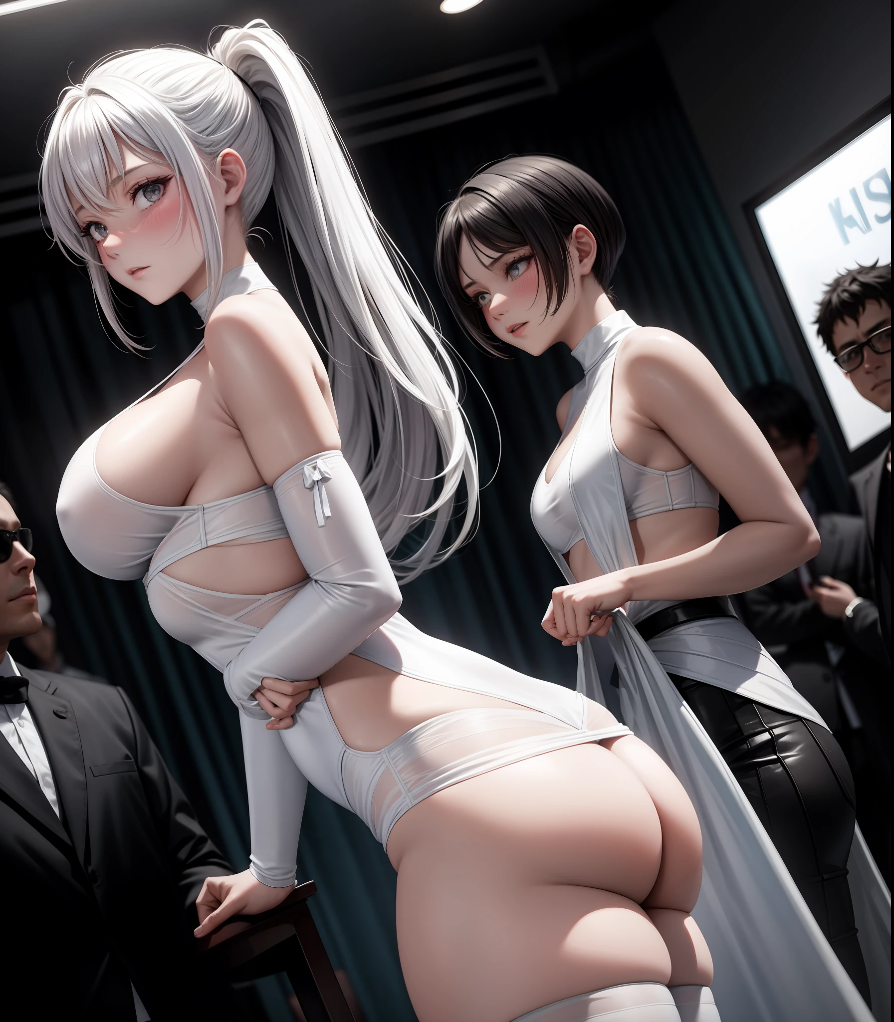 She is in front of the men in a crowded classroom ... a little seduction, a yandere expression, a very embarrassed expression, happy to be seen but embarrassed, a tense, erotic atmosphere, extreme shame, blushing cheeks, proud, slightly slim figure, D cup, beautiful breasts, a little nsfw, hair color remains the same, short hair, small ponytail, no bra, no panty, White very tight small costume, white clothing, white skimpy clothing, white see-through, white revealing costume, white bold costume, white very shameful costume, stared at by many men, men glued their gaze to women, men surrounded women, women are surrounded by men, very lascivious men, men sexually harass women, men harass women excessively, Let's draw the guys in more detail, let the guys play an active role