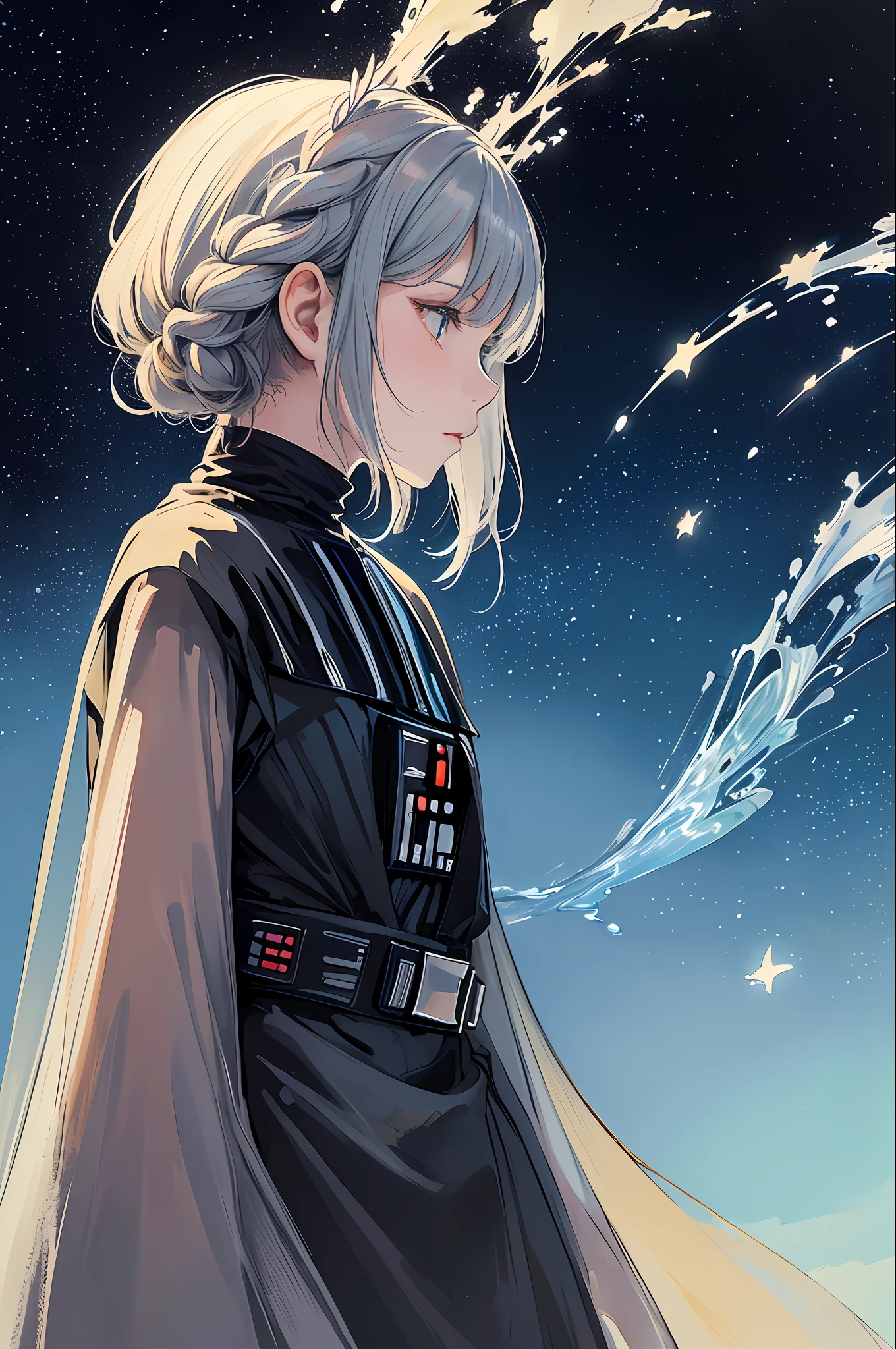 (masterpiece, top quality, best quality, watercolor (medium), official, beautiful and aesthetic art: 1.2), (1 Darth Vader, man: 1.3), (fractal art: 1.3), upper body, profile, patterns, (Darth Vader with an anime character 1.2),water,liquid,cloud,colorful,starry,stars, delicate, magical aura