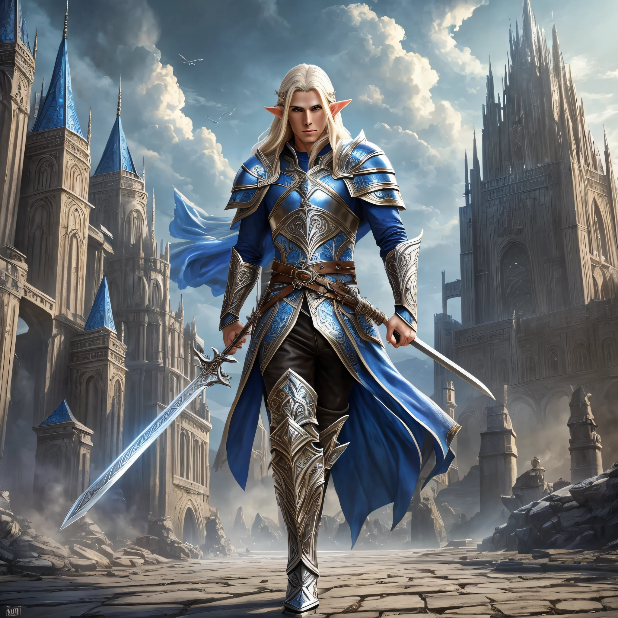 Male half elf 4k fantasy art, with long blond, silver hair, 4k fantasy art, wearing silver leather armor 4k fantasy art 4k fantasy wearing azure cloak, elf bladesinger 4k fantasy art, elf wizard 4k RPG art, dnd art holding a long sword with elven sigils 4k fantasy art, in a fantasy urban setting 4k fantasy art --auto --s2