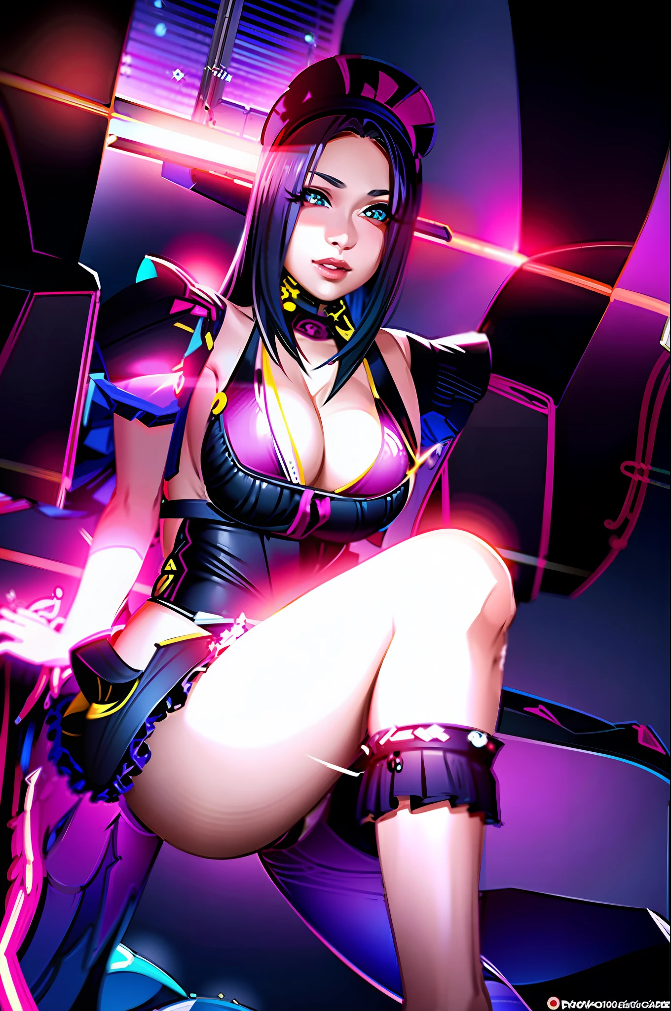 "VTuber model with futuristic and flashy design, featuring striking neon colors and intricate patterns. The model is polished and professional, with a sleek and modern feel. The pose is dynamic, capturing the energy of a performance or character introduction. There are multiple light sources casting a vibrant glow onto the model, and the background is a cosmic and otherworldly space scene. The camera angle is dramatic, emphasizing the model's features and creating a sense of awe and excitement for the viewer."