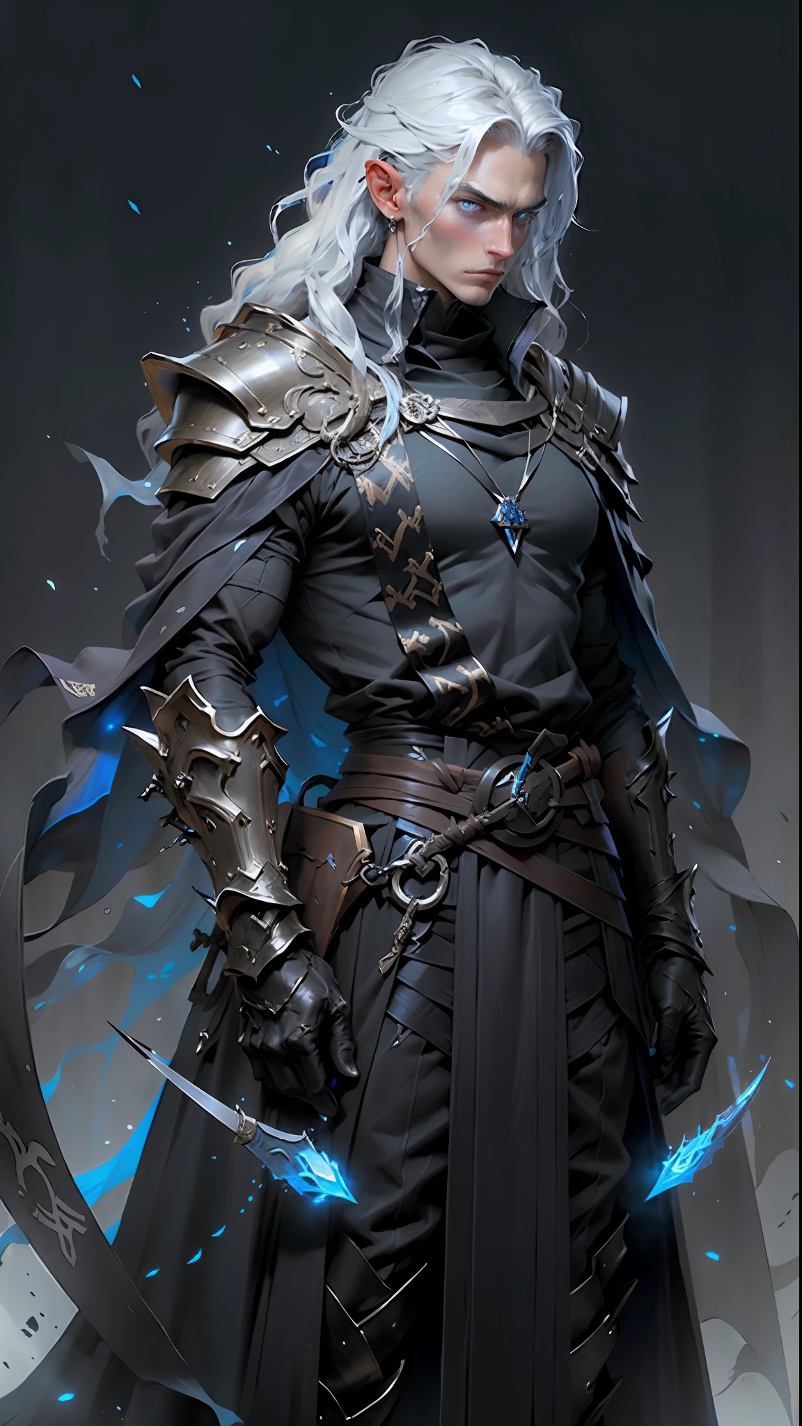 Handsome, tall, blue eyes, black robes, long swords, mysterious runes, towering cheekbones, heroic aura, the best quality, ultra-detail,