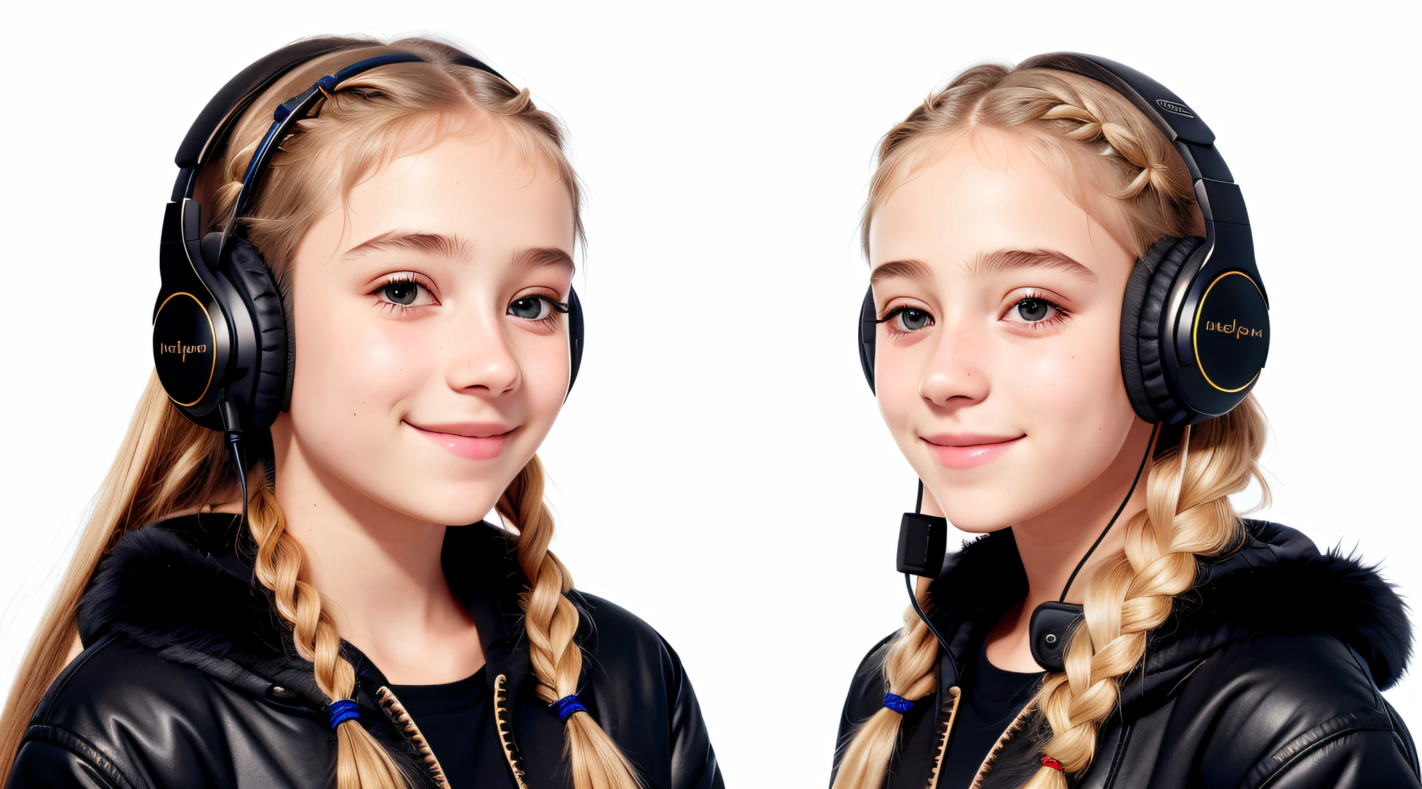 girl 12 years, blonde long hair of braids,portrait, with headphones and sunglasses, smiling and holding hands up, ,black fur coat, girl wearing headphones, listening to music, wearing headphones, with headphones, with headphones, wearing a headset, vibrating with music, listening to pious music,  Using headphone jack, using headset for gaming, tinnitus, high quality portrait, headphones on, , digital art H 9 6 0, (white background: 1.3).