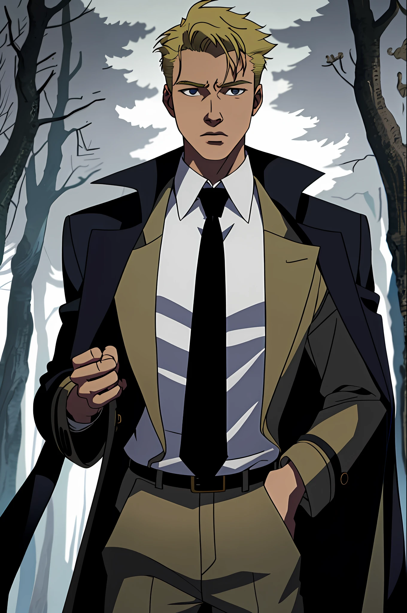 1boy, male focus, Teenager, forest, night, solo, blonde hair, necktie, trench coat, coat, white shirt, night, ((masterpiece))