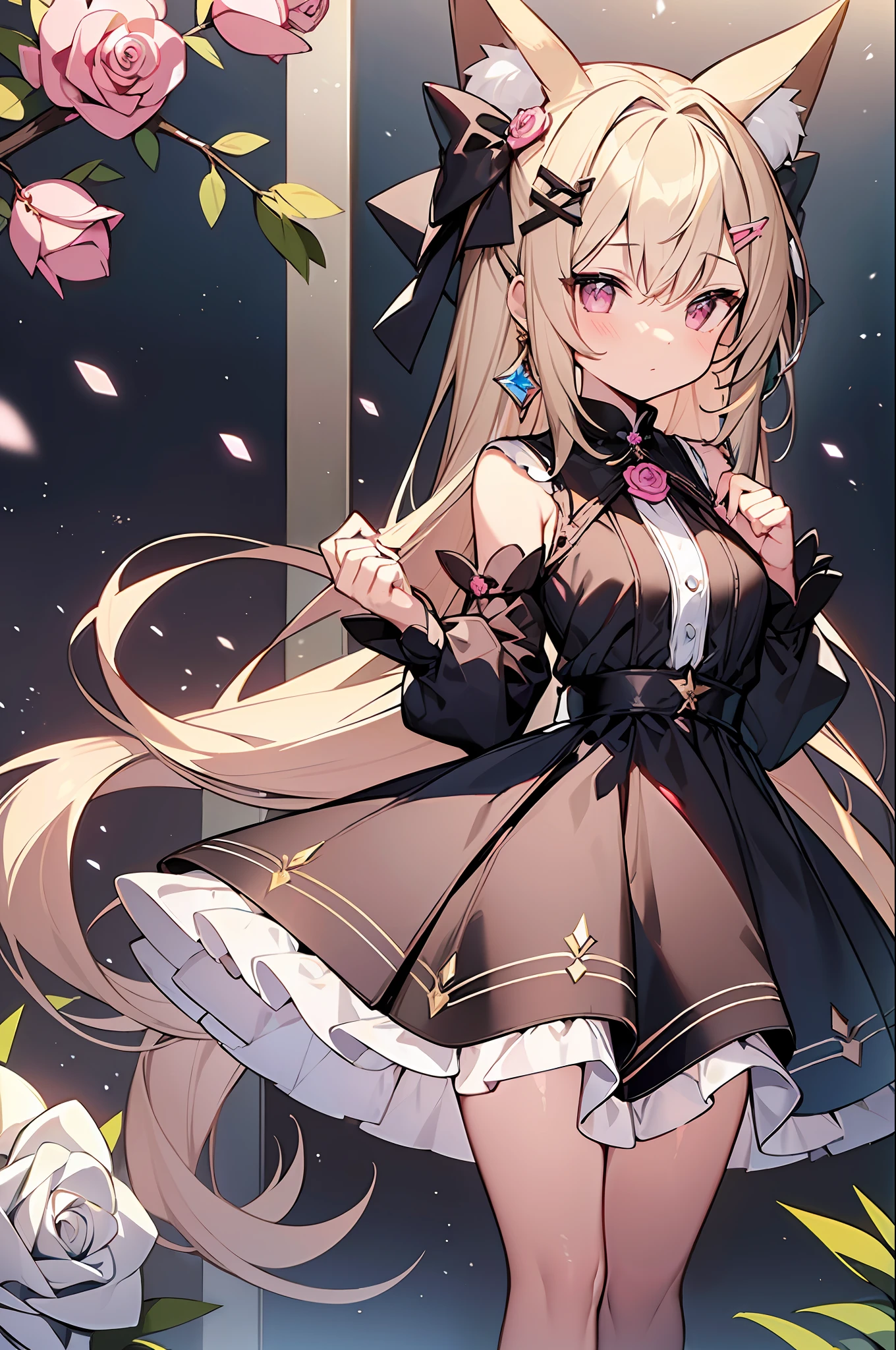 ((masterpiece, best quality)), a maiden , standing full body view Front main view Symmetrical picture, blonde hair, double ponytail, pink eyes, bangs between the eyes Fox ears , black, white and rose clothing, clothing style: dress, hair ornaments are bows, crystal pendants, high heels, white stockings