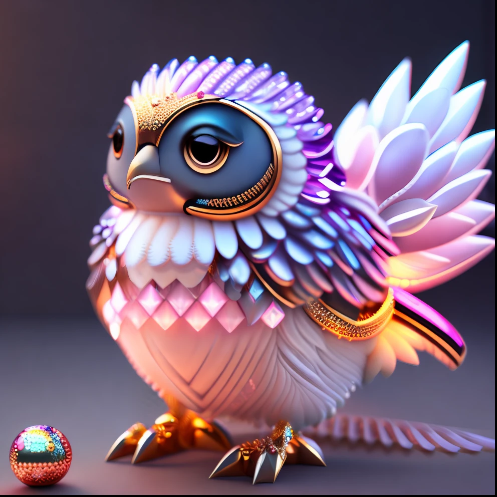 Highly detailed intricate concept art trend artstation 8k of a cute little chubby phoenix made of crystal balls with low poly eyes