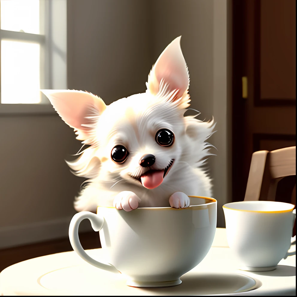 Long coat Chihuahua of white-cream color, (small)))), in a teacup, face out, tongue-sticking out front paws sticking out of teacup, 8k, professional photo, delicate, clear, on the table, in the house, sunshine, light leak, masterpiece, ((((pretty)))