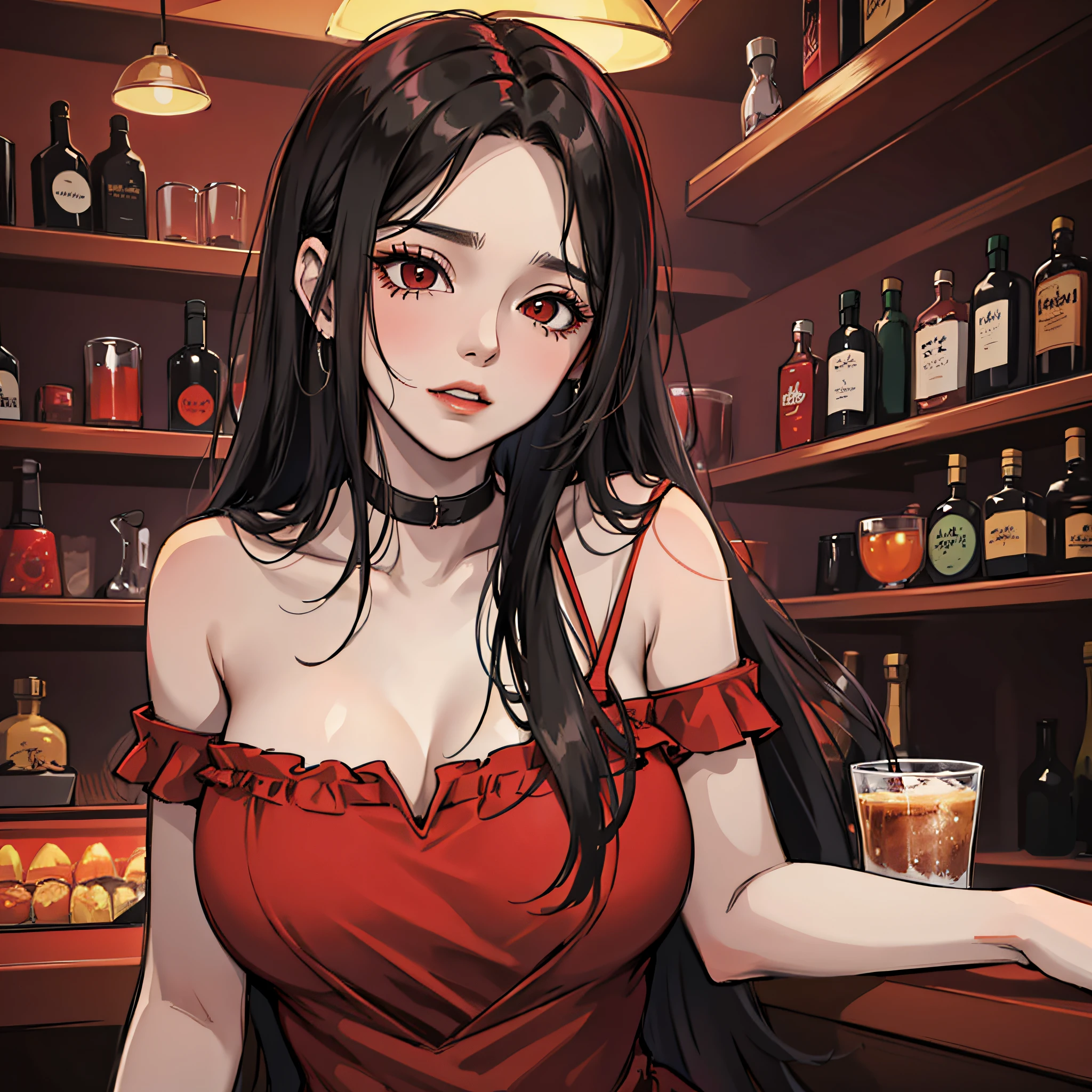 A woman in a red dress (long black hair, pretty,) in a bar, drunk and ruddy-faced