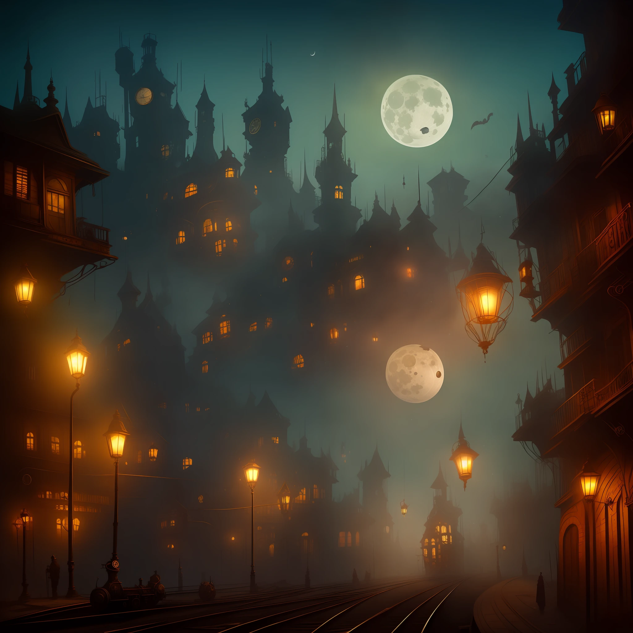 City steampunk steam technology steam balloons, trains, night, dark decay smoke, well detailed, mysterious, horror, terror, moon, darkness, sonbras