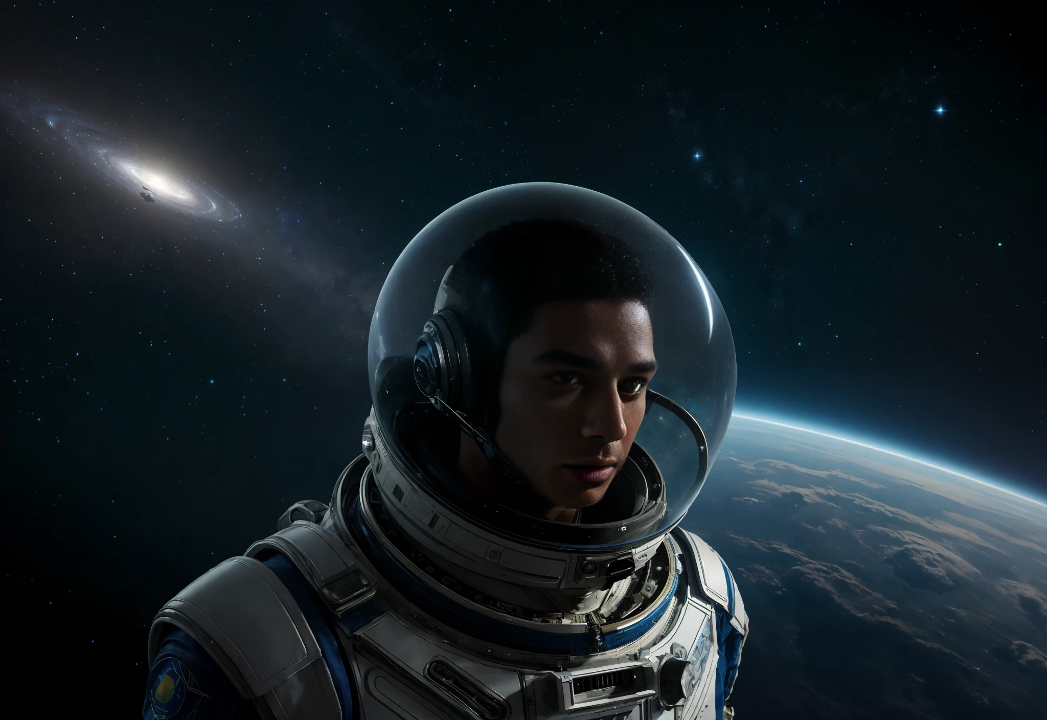 spaceship travel, adult male alien human.astronaut outfit, Incredibly detailed and visually stunning, unique galaxy background, exotic skin tones, unusual facial features and otherworldly elements. soft lighting, enhanced beauty, intrigue. the composition shows elegance and otherworldly charm. Artstation, 8k, digital painting, realistic, in space.