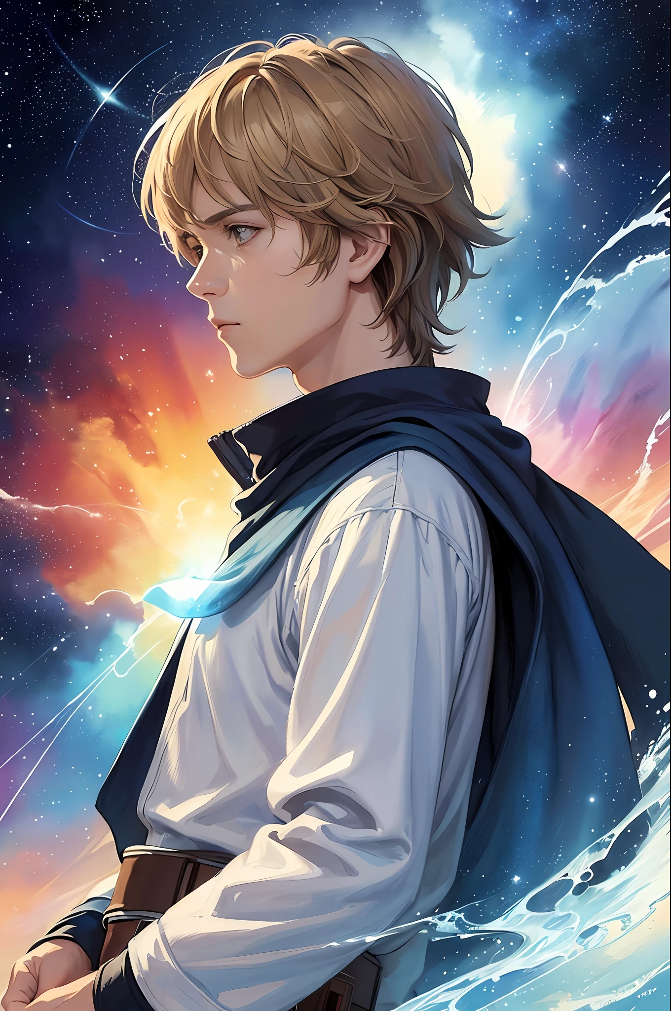 (masterpiece, top quality, best quality, watercolor (medium), official art, beautiful and aesthetic: 1.2), (1 Luke Skywalker, man: 1.3), (fractal art: 1.3), upper body, profile, patterns, (Luke Skywalker as anime character, Star Wars 1.2),water,liquid,cloud,colorful,starry,stars, delicate, magical aura