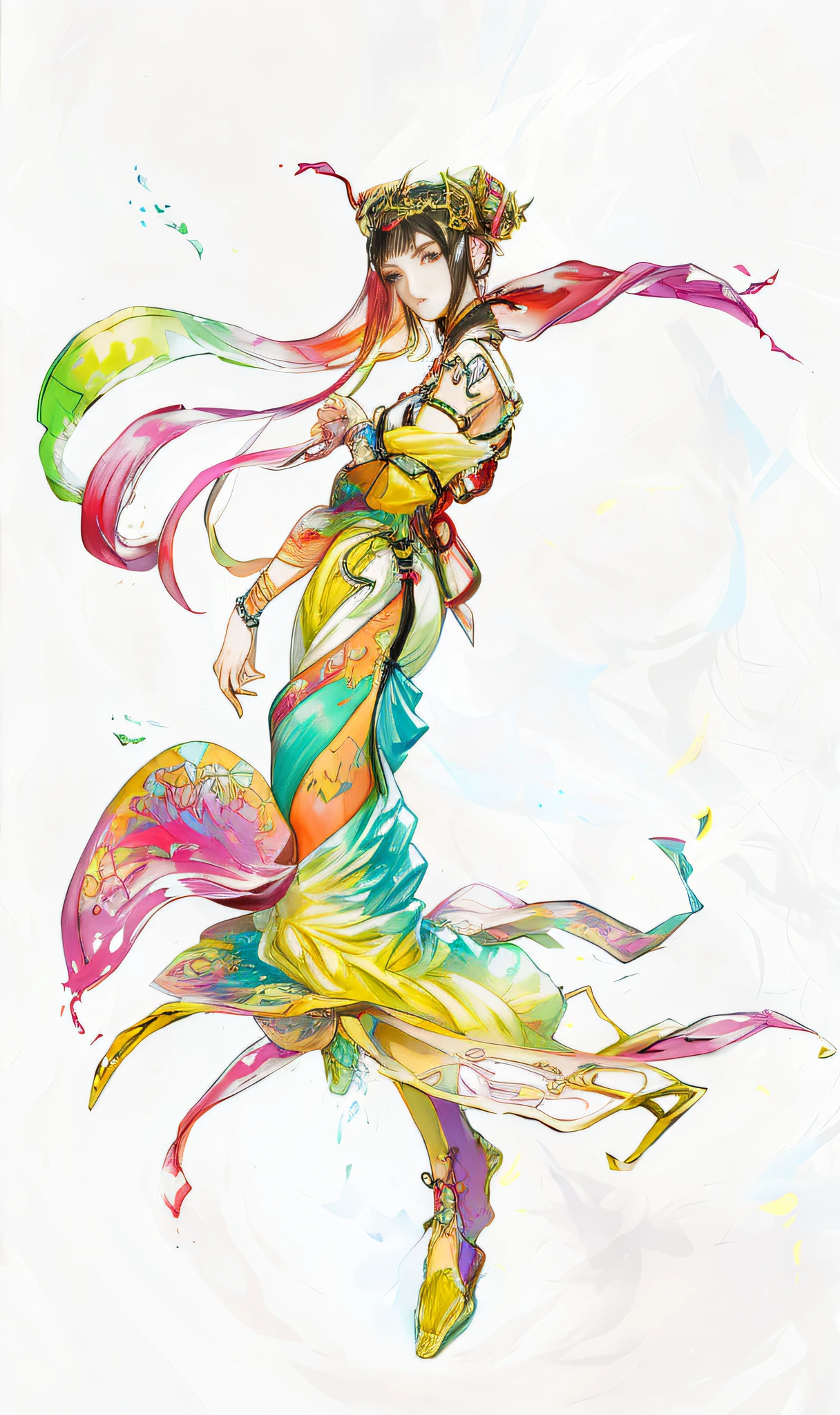 a drawing of a woman in a colorful dress with a fan, yoshitaka amano character design, colorful! character design, dressed in colorful silk, yoshitaka amano style, yoshitakka amano karol bak, style of yoshitaka amano, anime character; full body art, inspired by Yoshitaka Amano