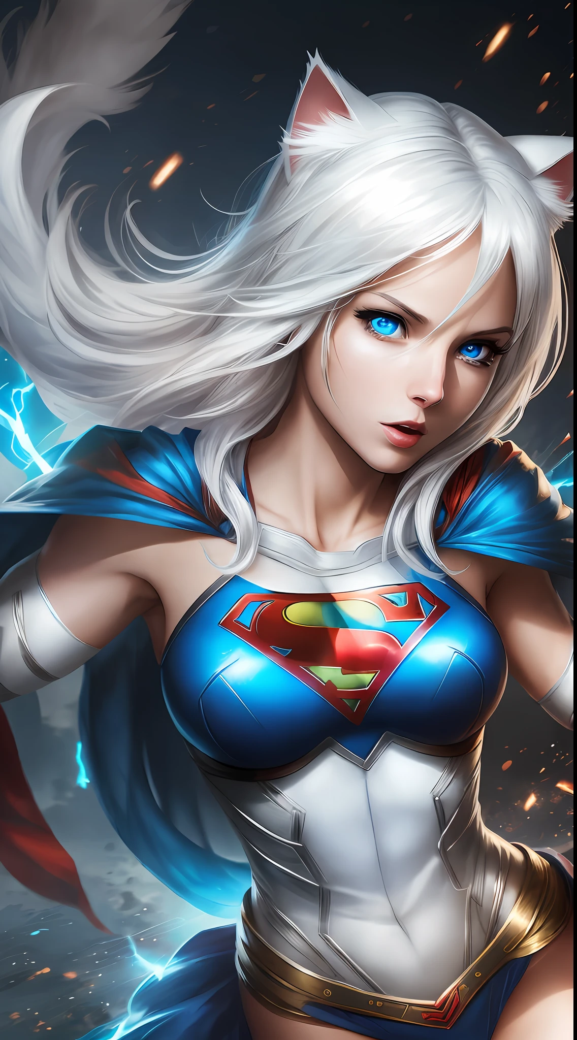 supergirl (sexy) from DC, post apocalyptic style, powerful lighting, motion synchronization,action pose, white hair, (white cat ears), blue eyes, 1girl,