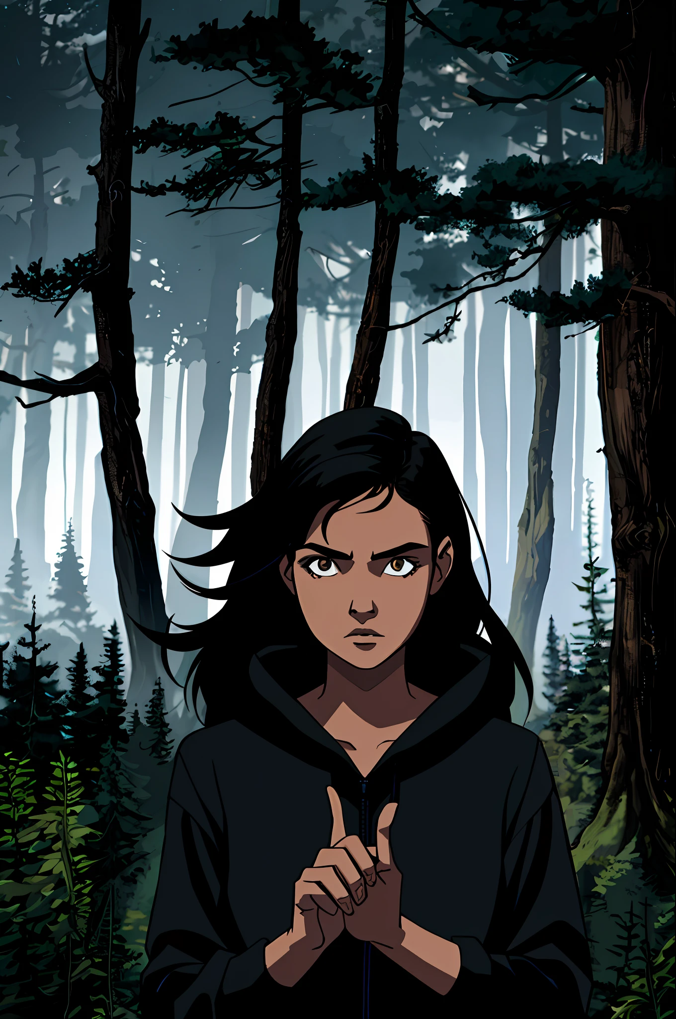 1 girl, female focus, Teenager, forest, night, solo, black hair, night, ((masterpiece))